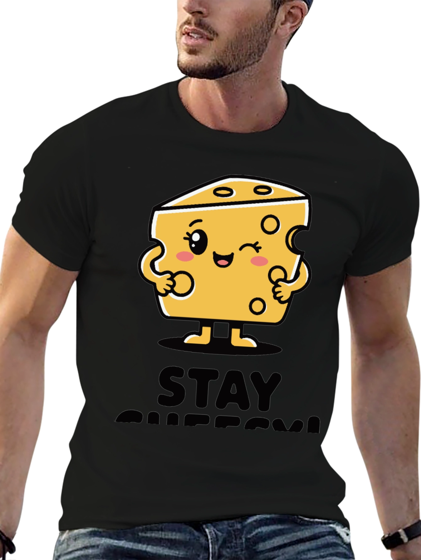 Stay Cheesy Cartoon Graphic Black T-Shirt