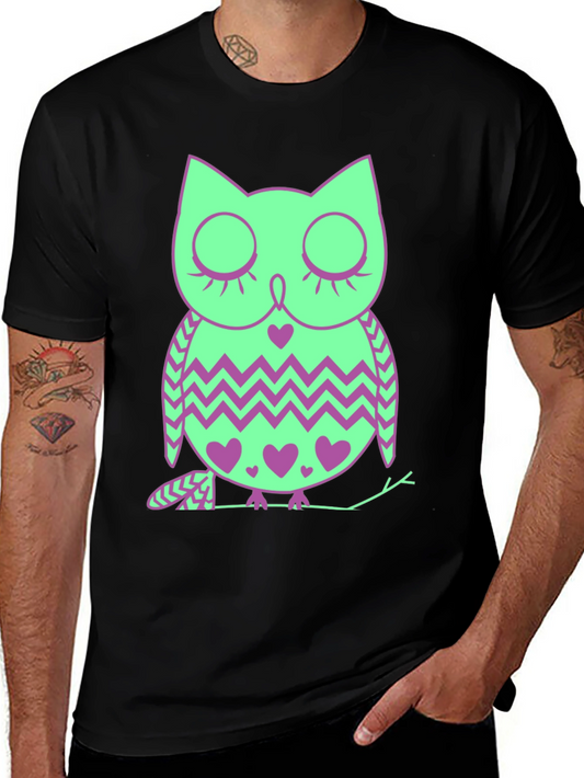 Owl Heart Print Tee - Mens Black Cotton Blend T-Shirt