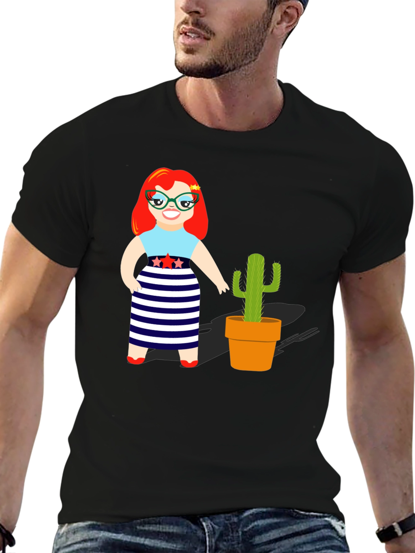 Cartoon Girl & Cactus Graphic T-Shirt