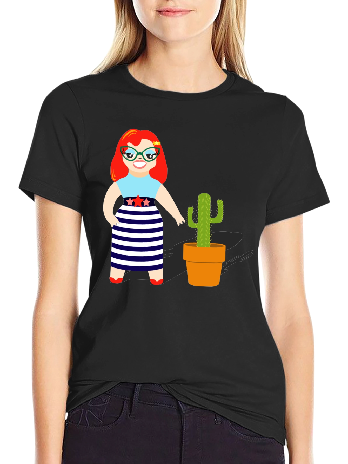 Cartoon Girl & Cactus Graphic T-Shirt