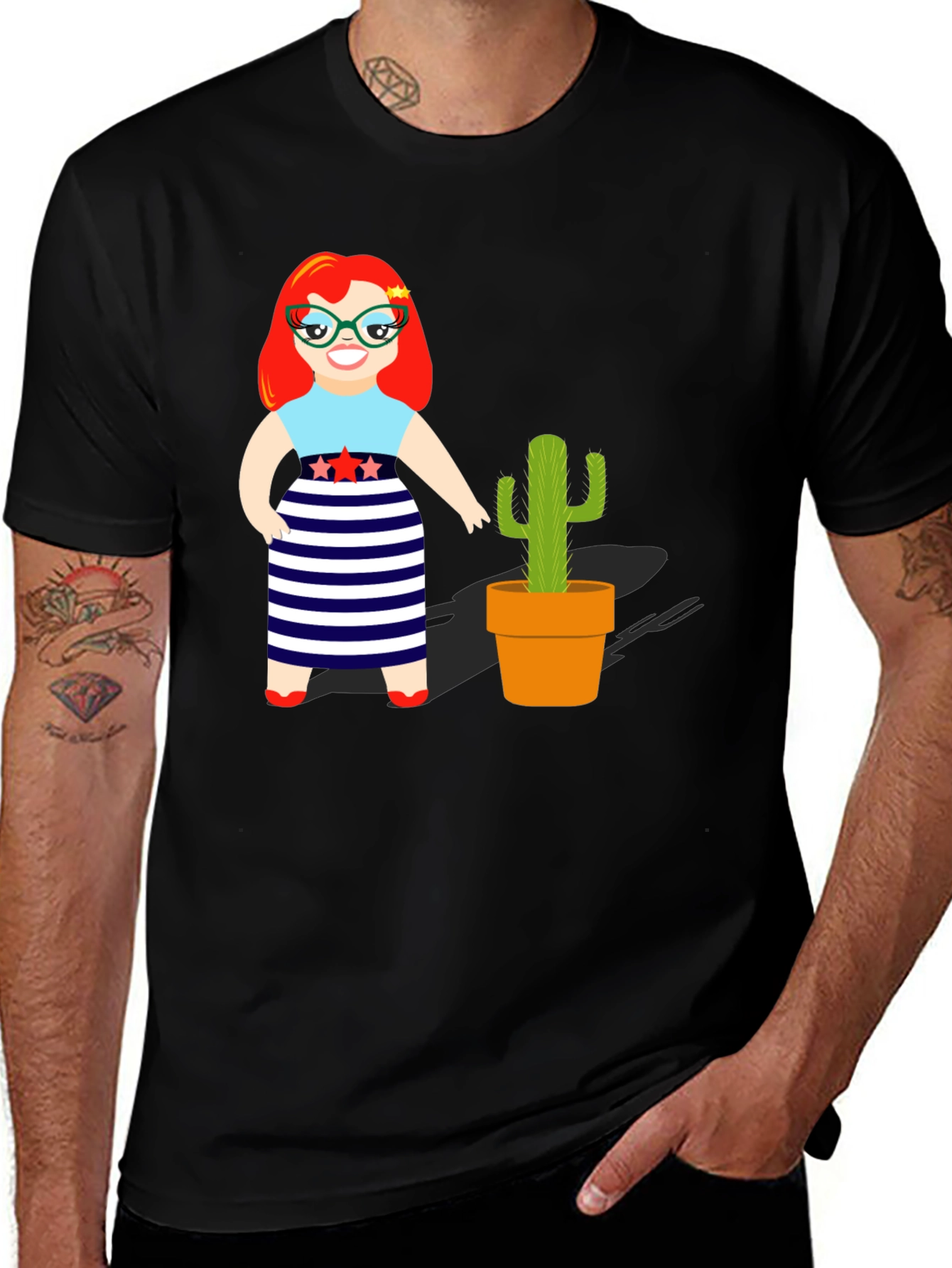 Cartoon Girl & Cactus Graphic T-Shirt
