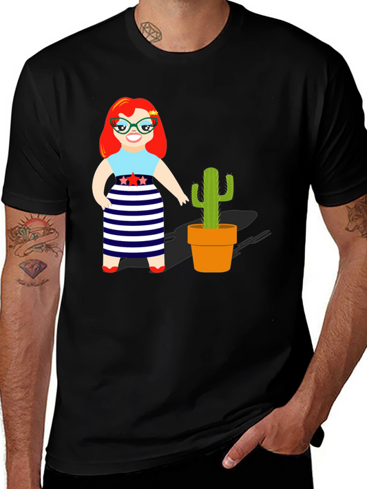 Cartoon Girl & Cactus Graphic T-Shirt