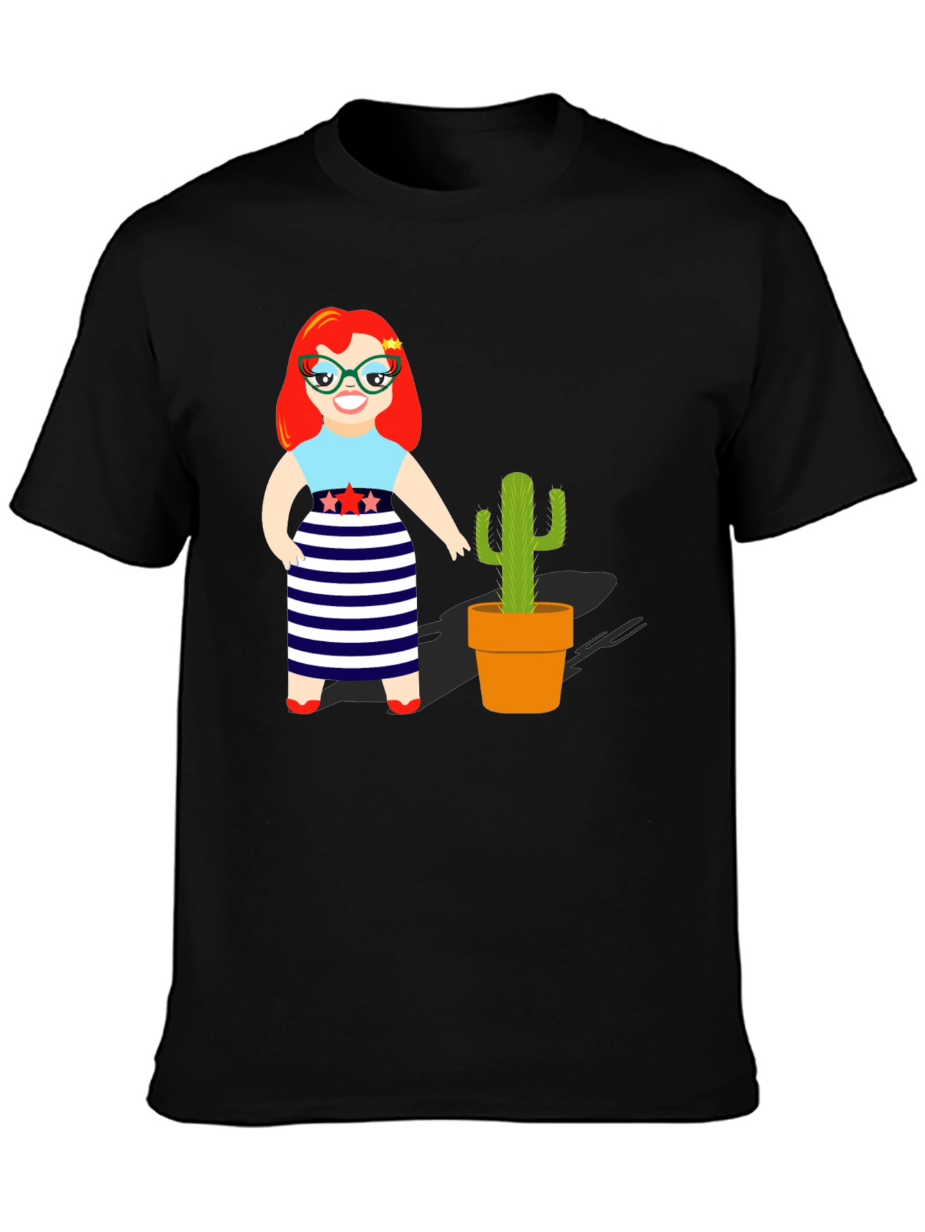Cartoon Girl & Cactus Graphic T-Shirt