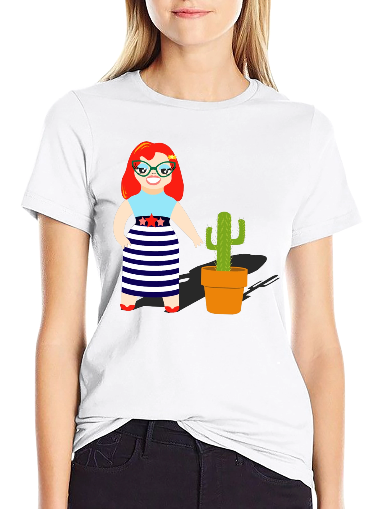 Cartoon Girl & Cactus Graphic T-Shirt