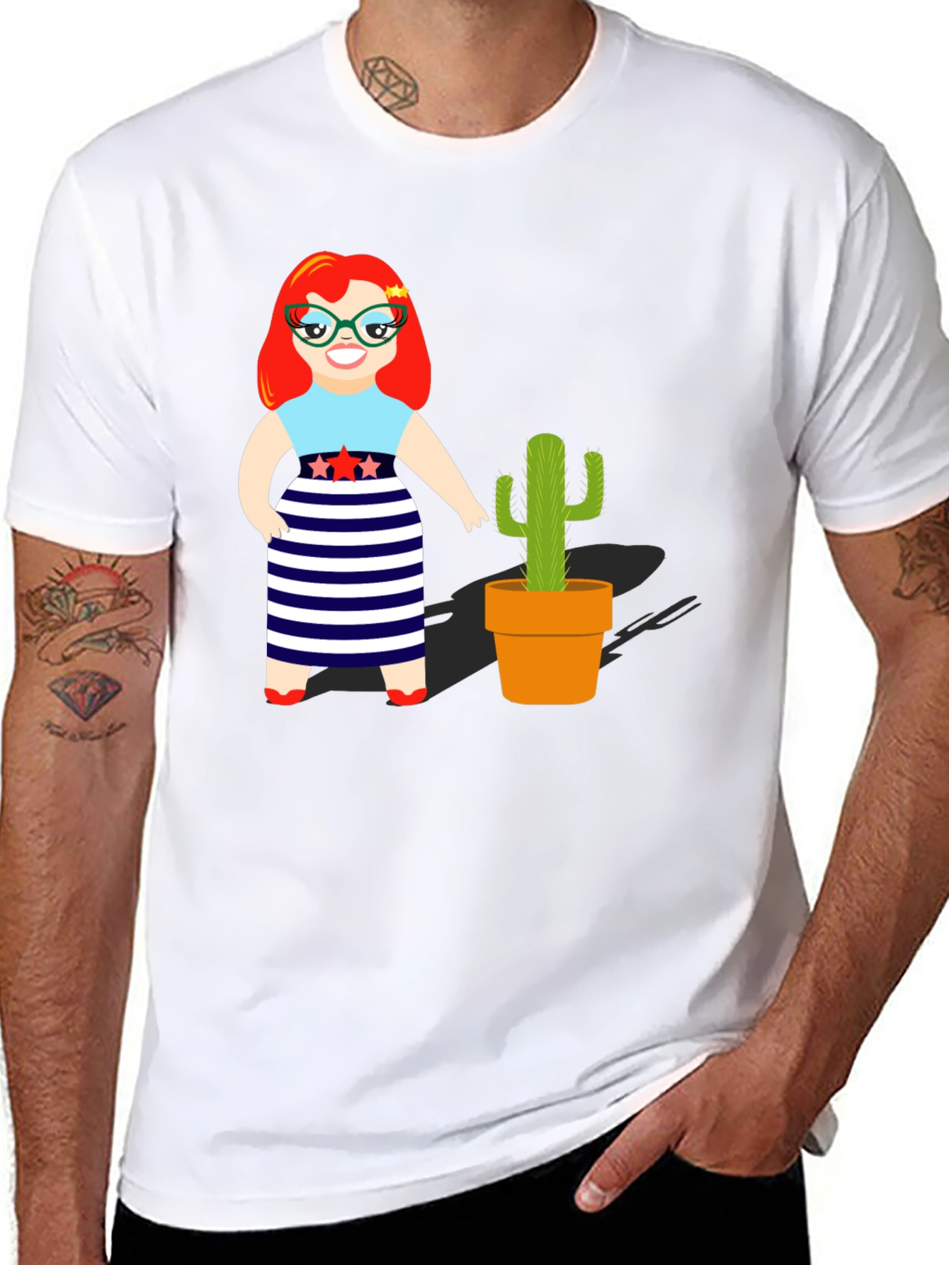 Cartoon Girl & Cactus Graphic T-Shirt