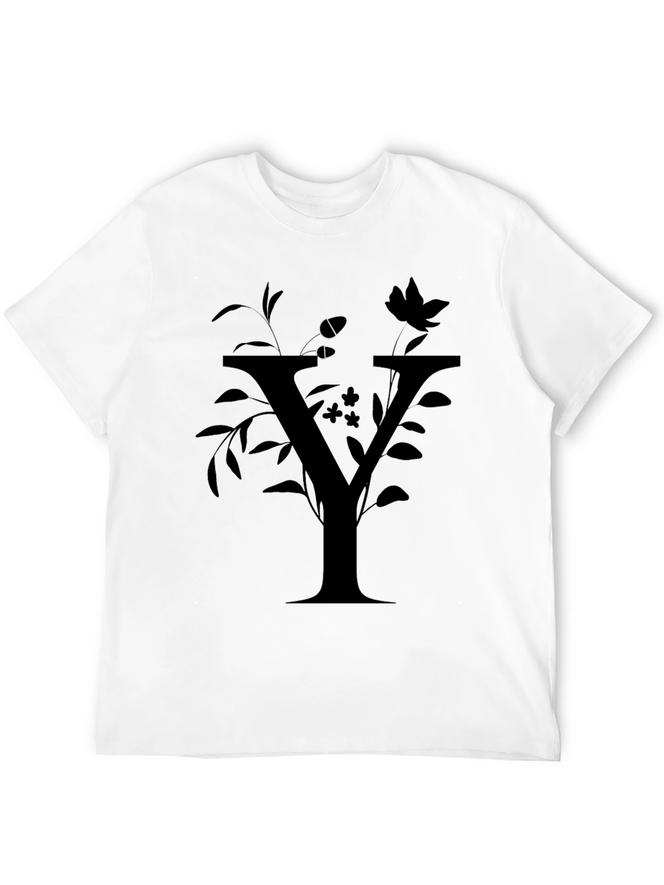 Floral Y Letter Graphic Black T-Shirt
