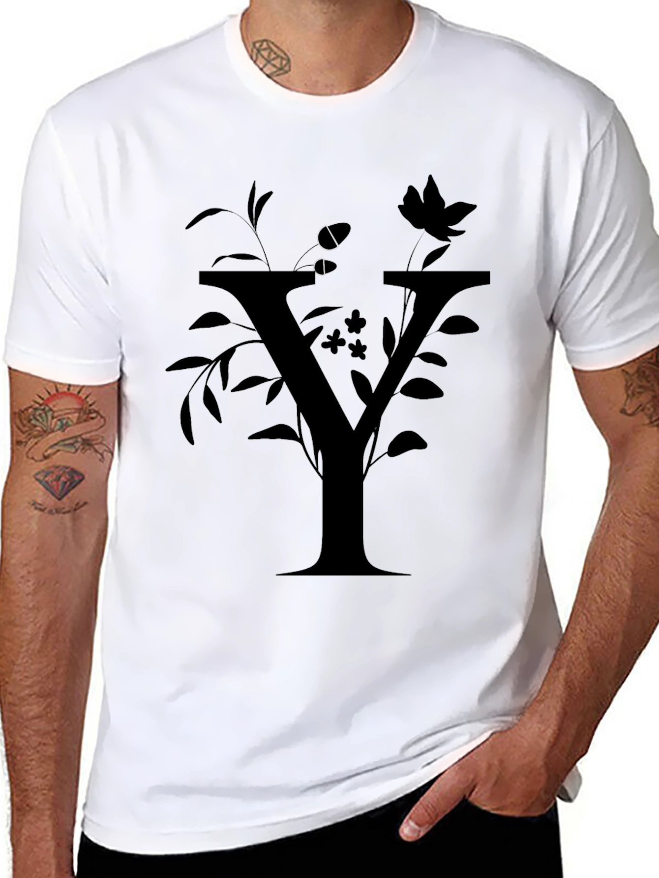 Floral Y Letter Graphic Black T-Shirt