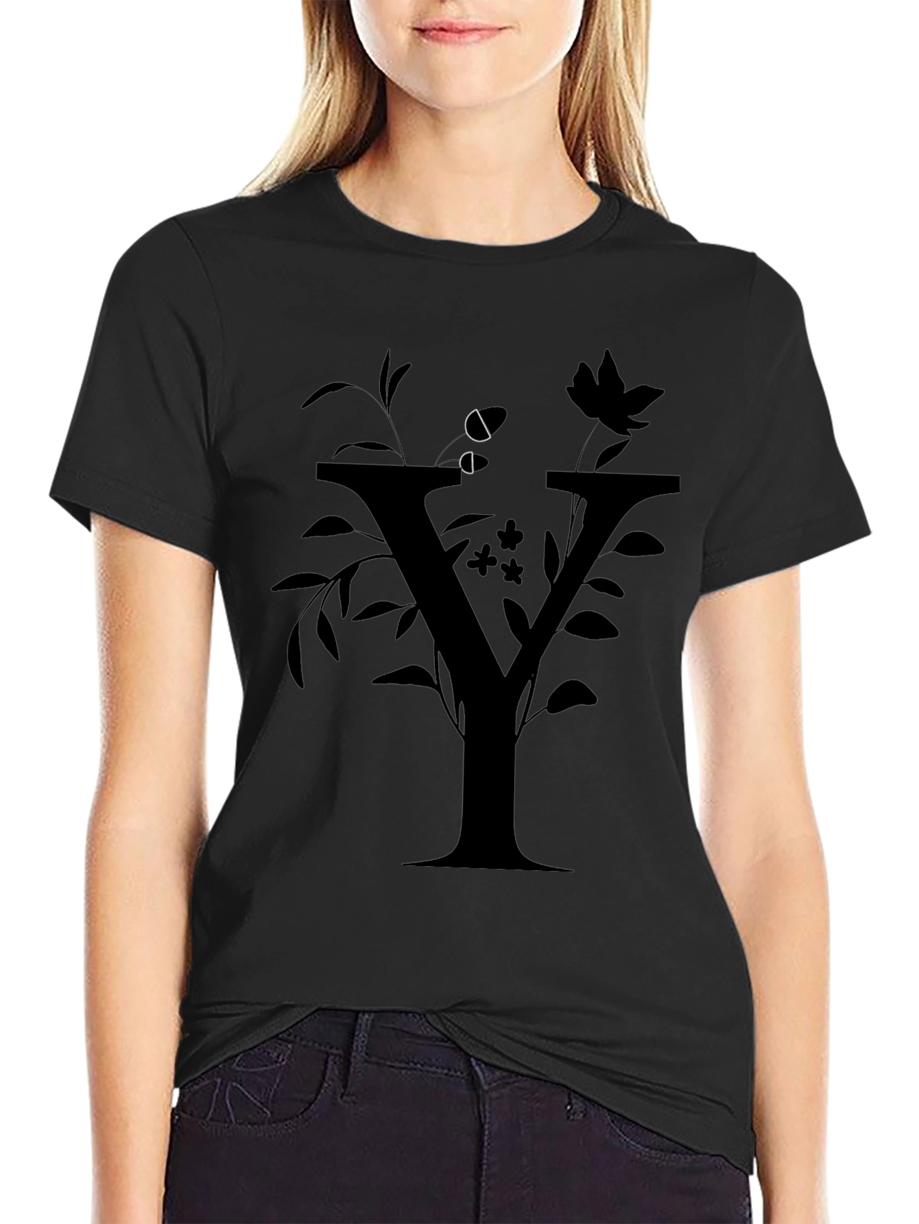 Floral Y Letter Graphic Black T-Shirt