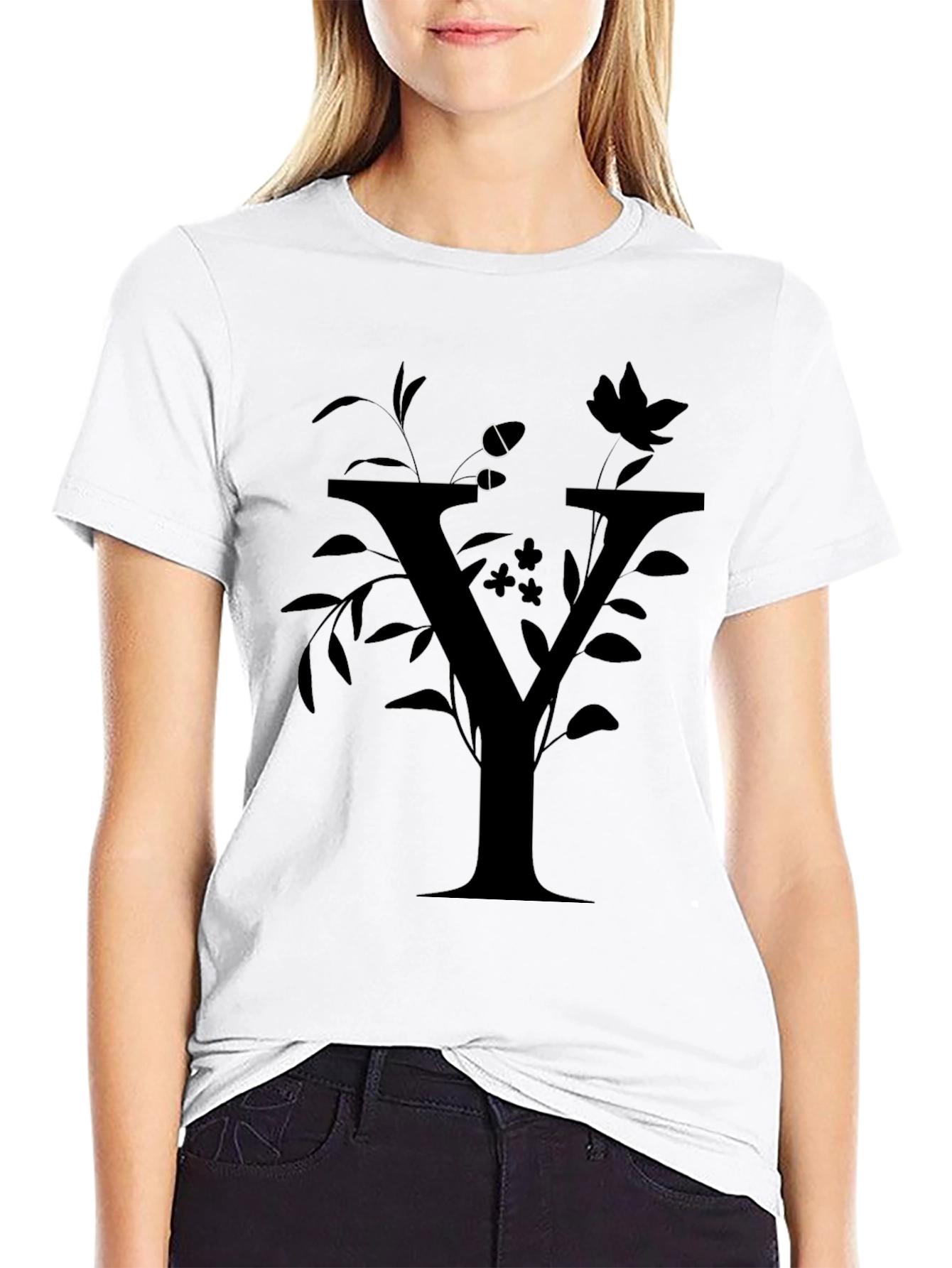 Floral Y Letter Graphic Black T-Shirt