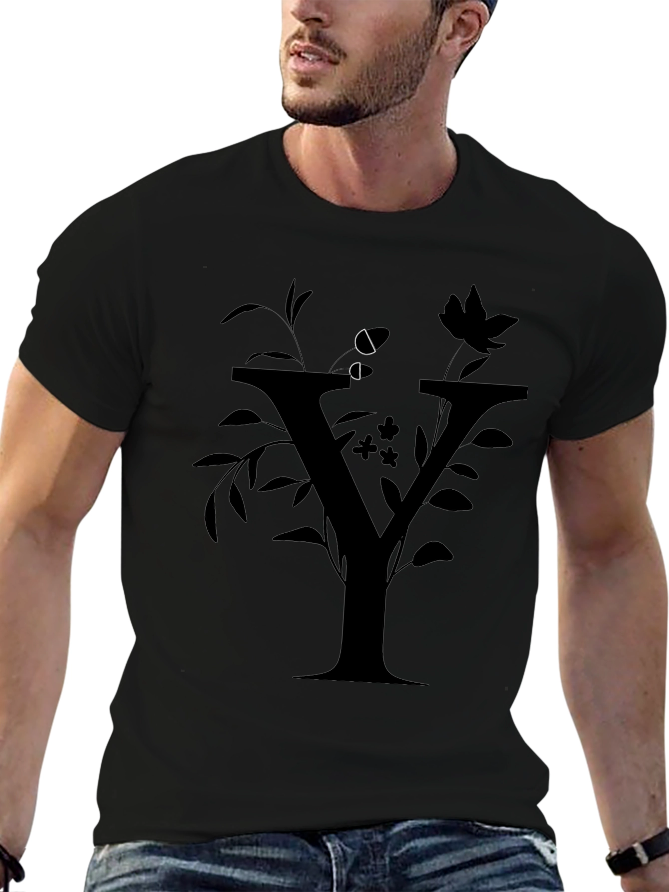 Floral Y Letter Graphic Black T-Shirt