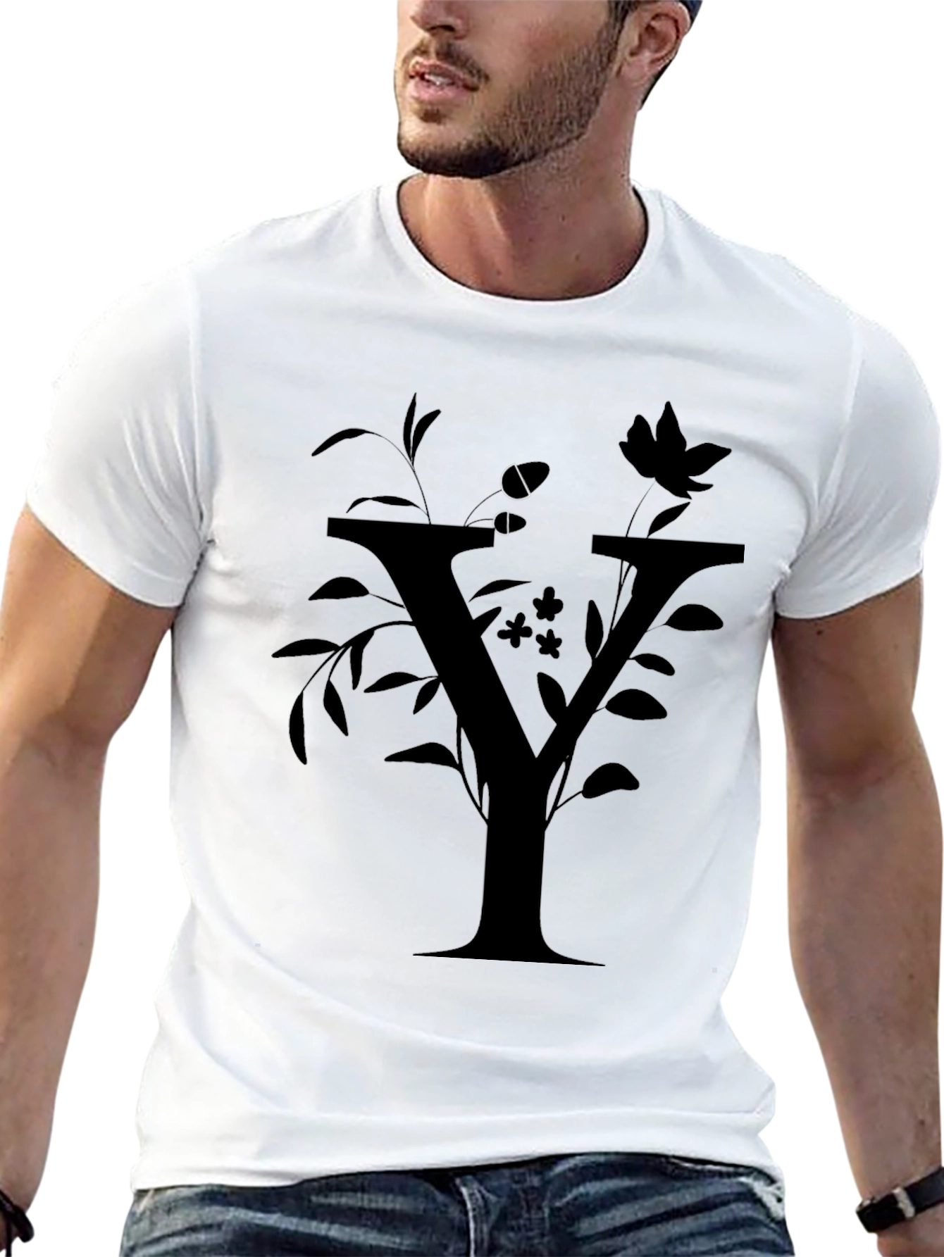 Floral Y Letter Graphic Black T-Shirt