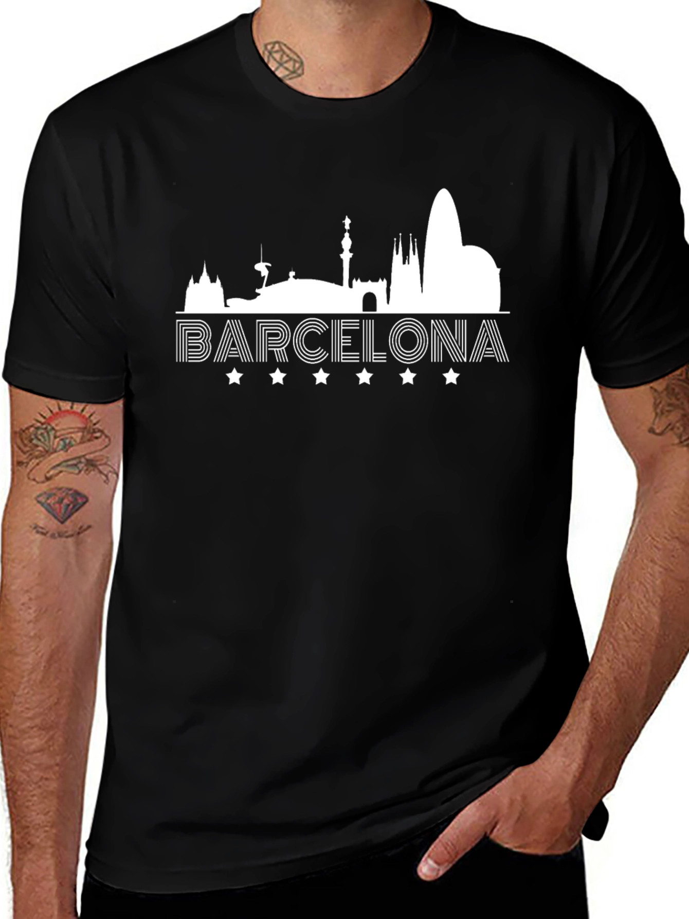 Barcelona Skyline Graphic T-Shirt - Black Cotton Tee
