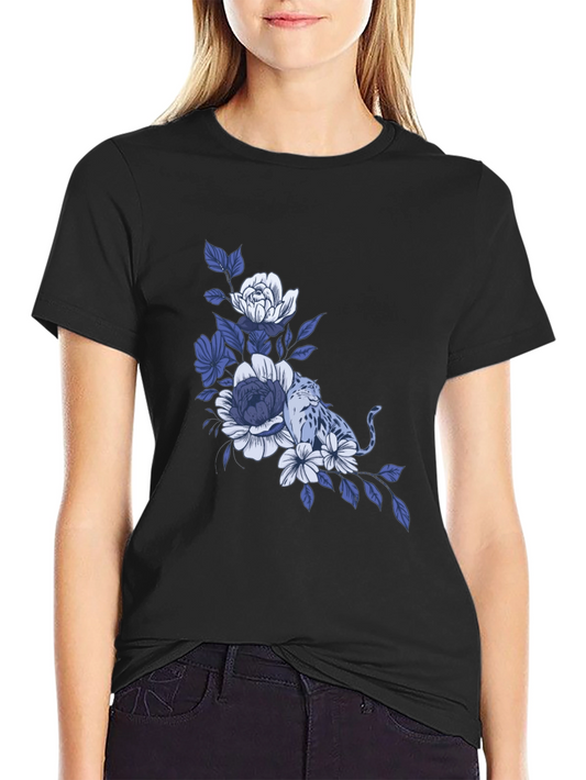 Floral Leopard Graphic Tee - Stylish Black T-Shirt