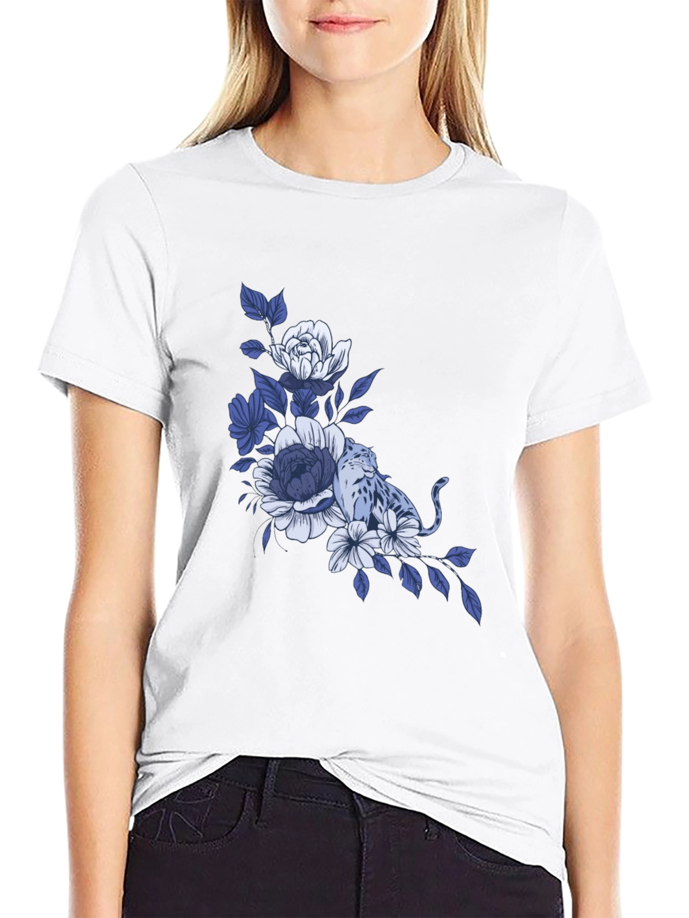 Floral Leopard Graphic Tee - Stylish Black T-Shirt