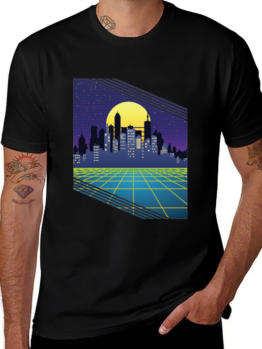 Retro Cityscape Graphic Tee - Synthwave Style