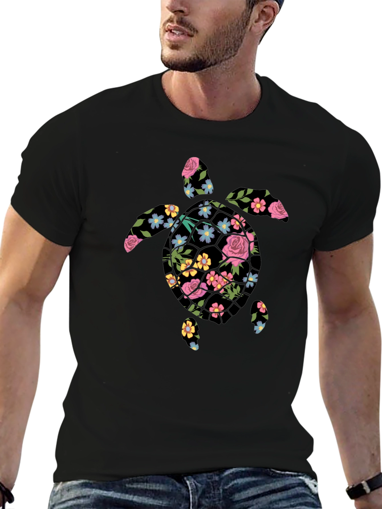 Floral Turtle Graphic Tee - Mens Black T-Shirt