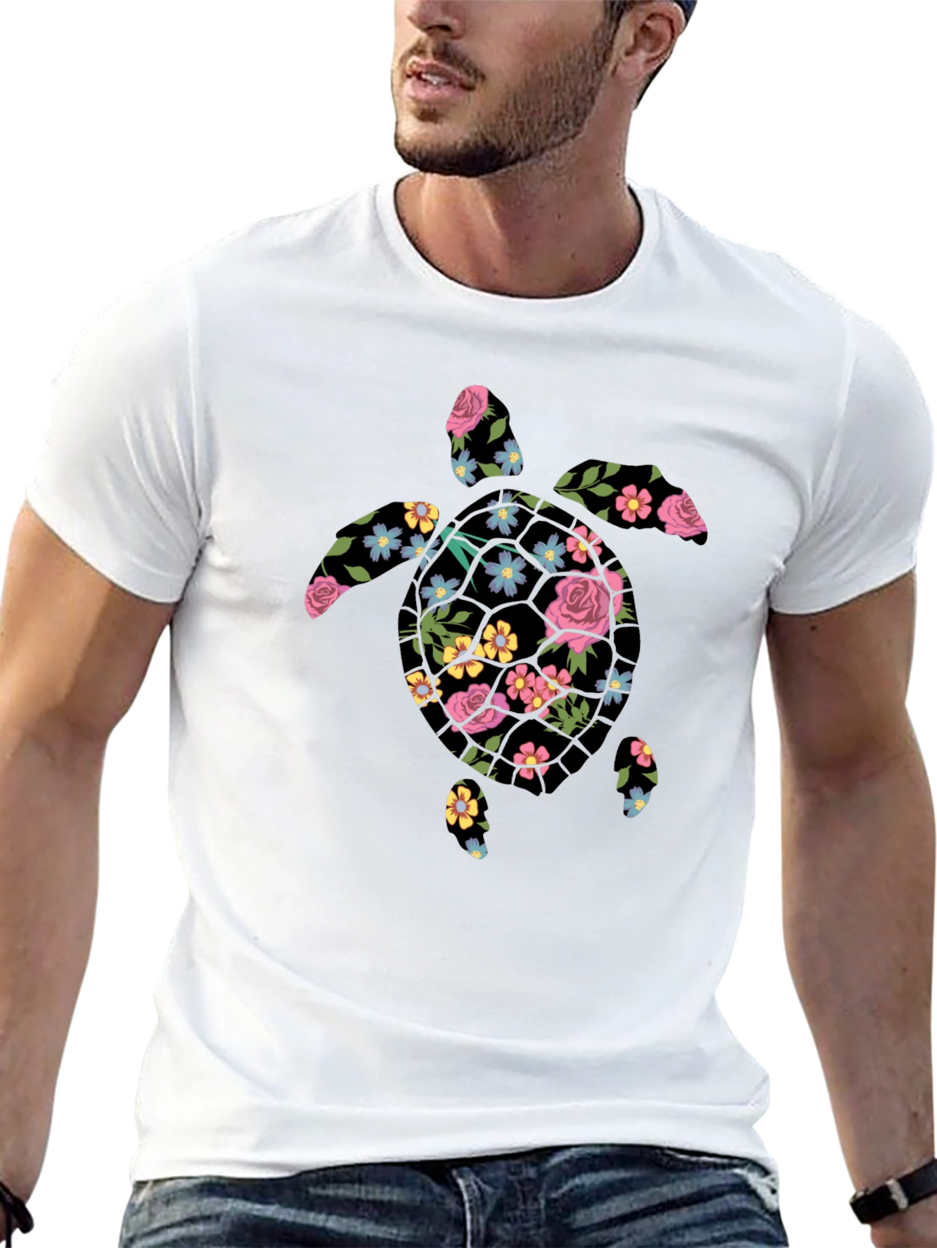 Floral Turtle Graphic Tee - Mens Black T-Shirt