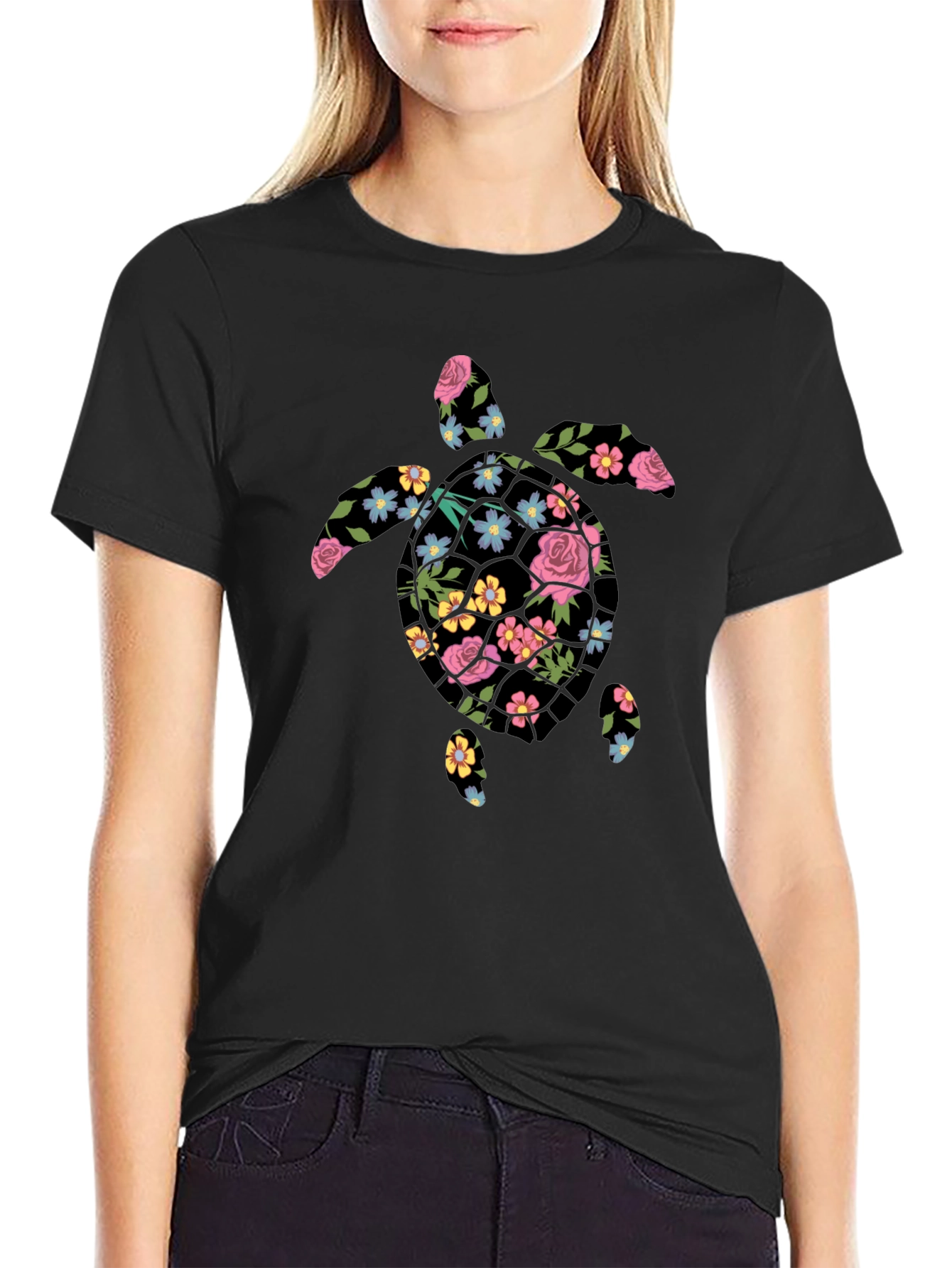 Floral Turtle Graphic Tee - Mens Black T-Shirt