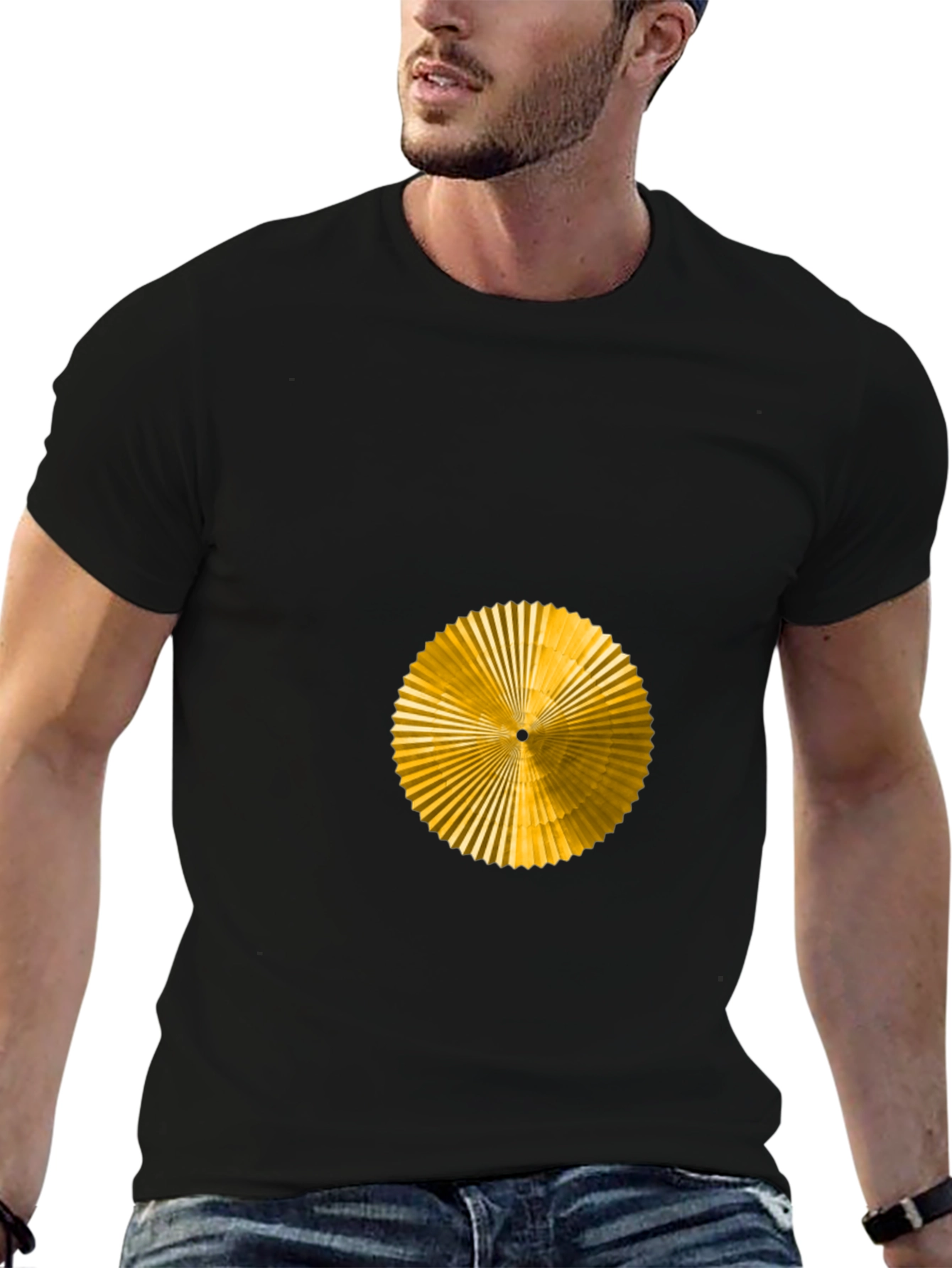 Geometric Gold Fan Graphic Black T-Shirt