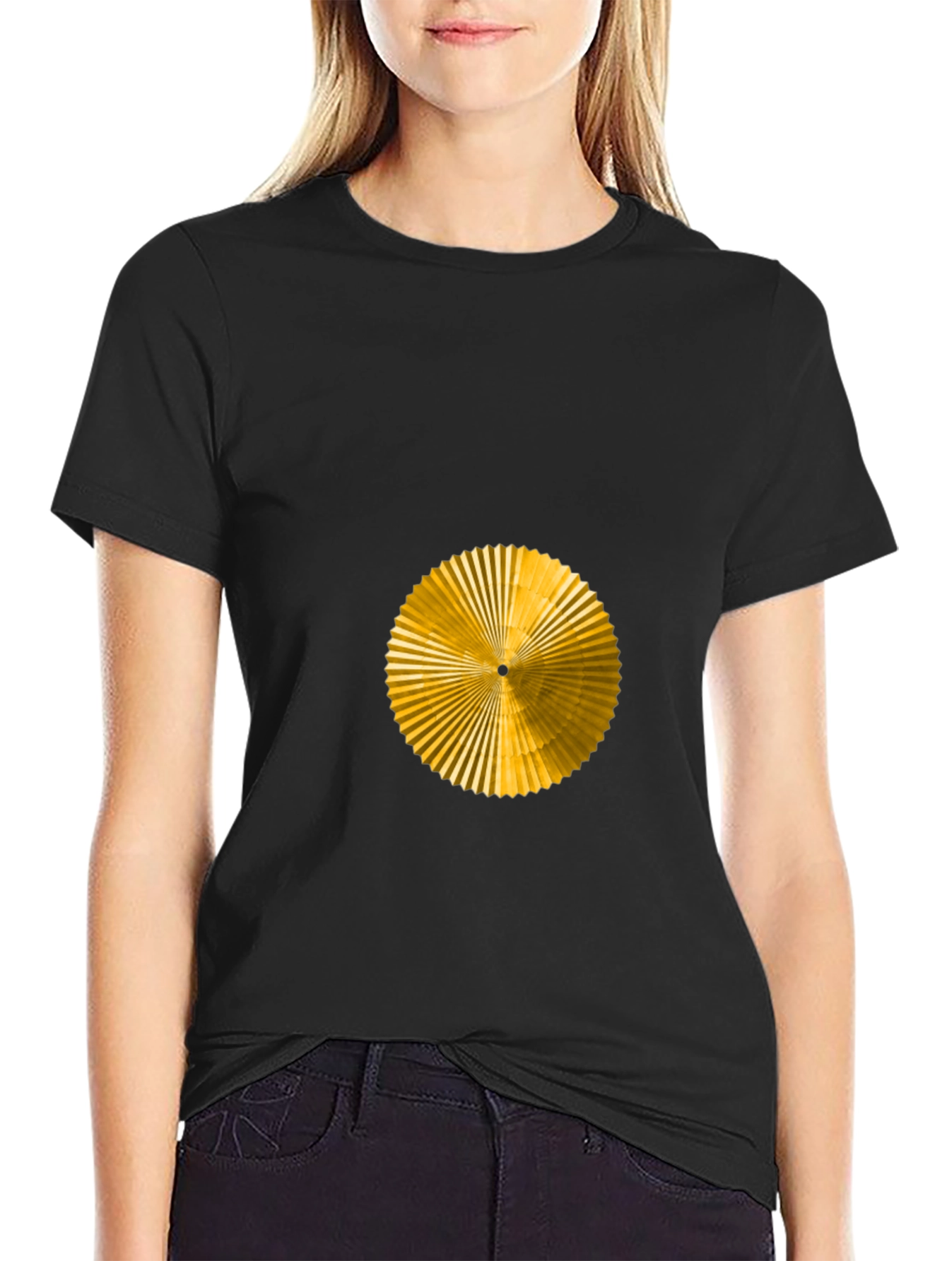 Geometric Gold Fan Graphic Black T-Shirt