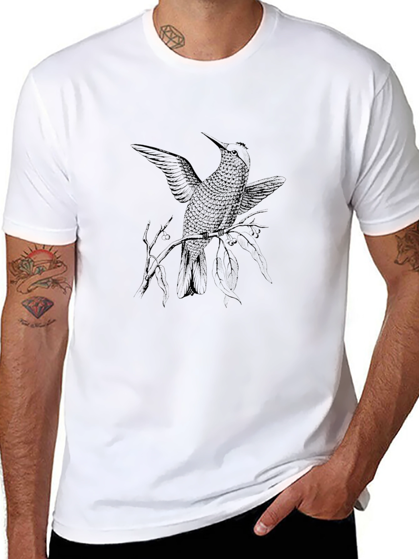 Black T-Shirt with Hummingbird Graphic