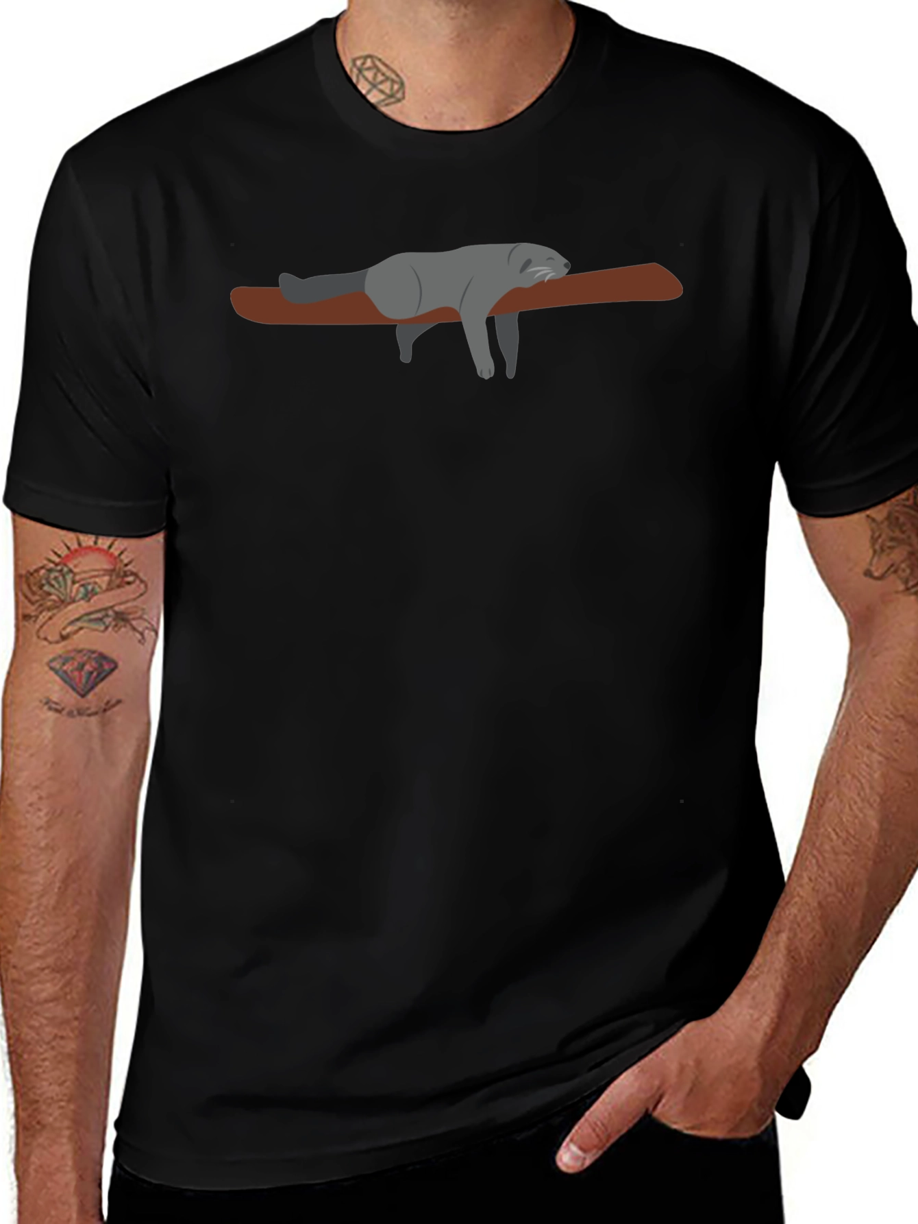 Lazy Raccoon on Branch - Black T-Shirt