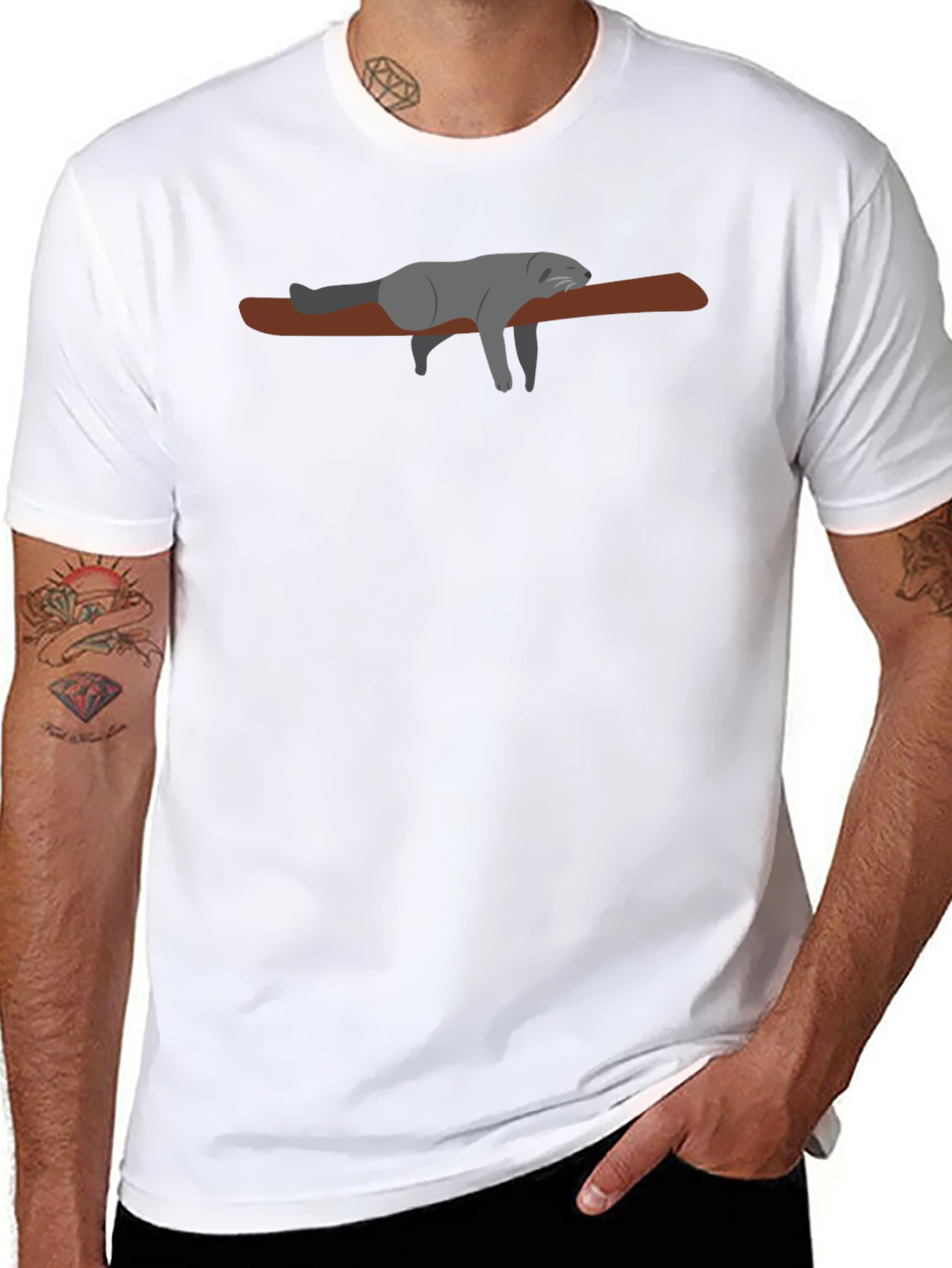 Lazy Raccoon on Branch - Black T-Shirt