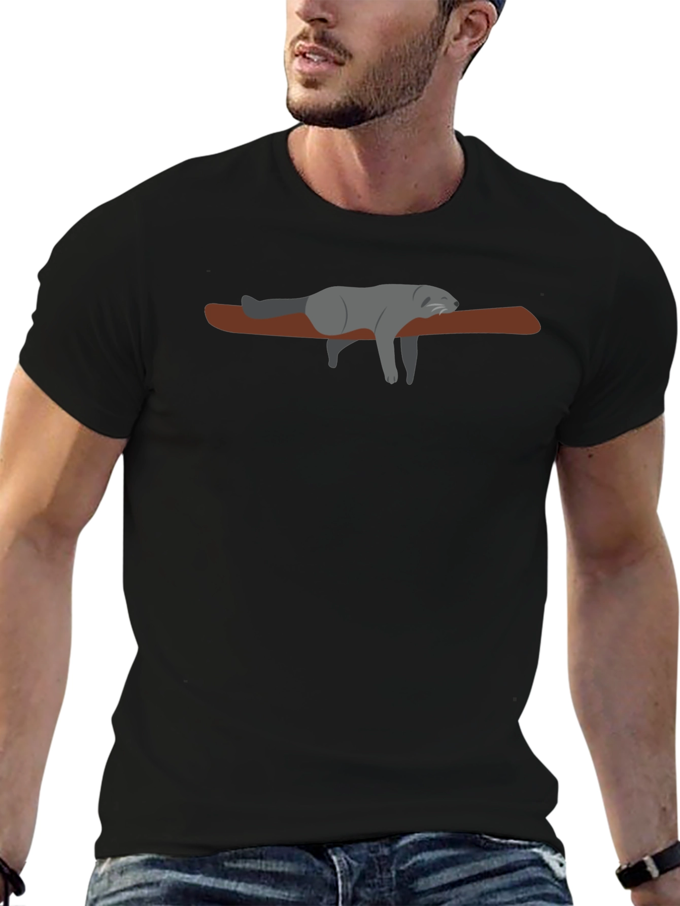 Lazy Raccoon on Branch - Black T-Shirt