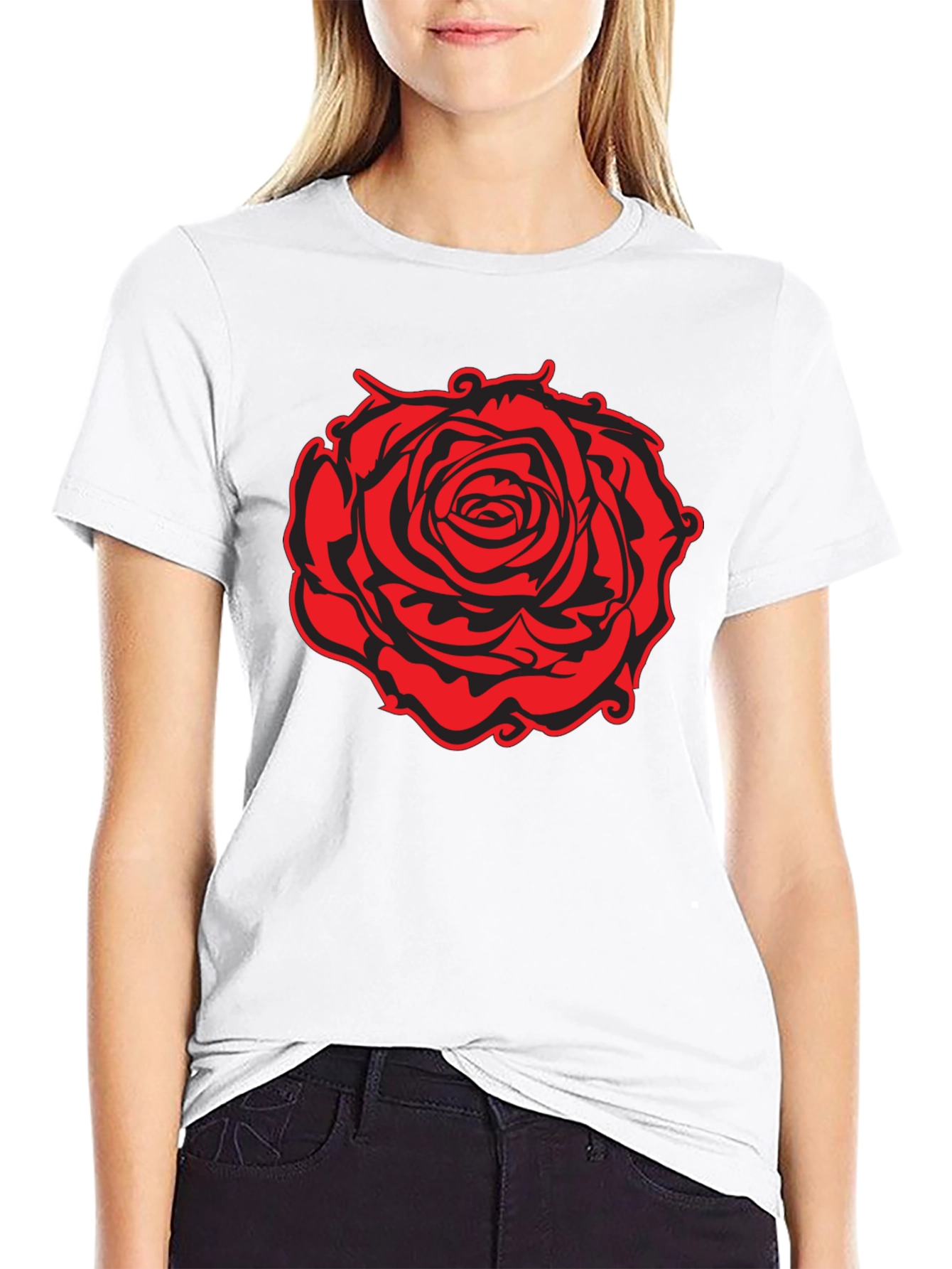 Black T-Shirt with Red Rose Graphic
