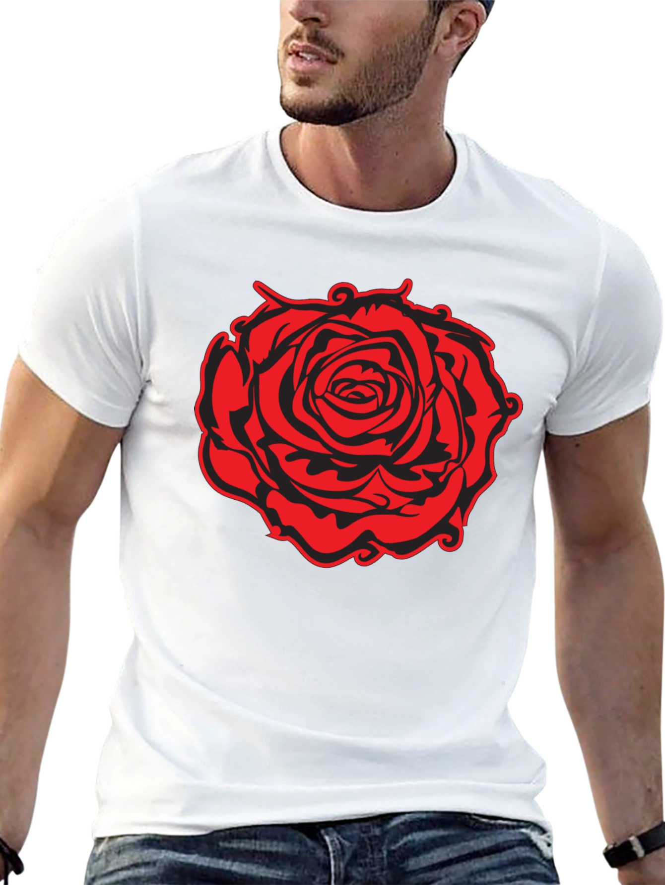 Black T-Shirt with Red Rose Graphic