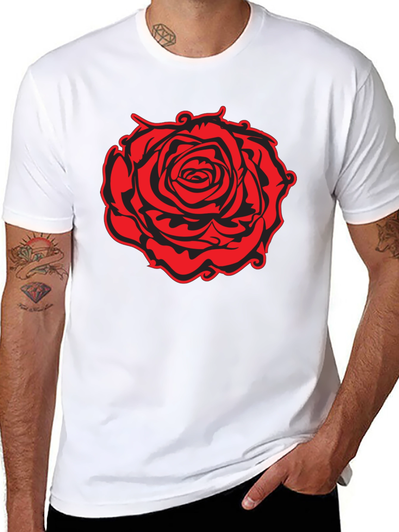 Black T-Shirt with Red Rose Graphic