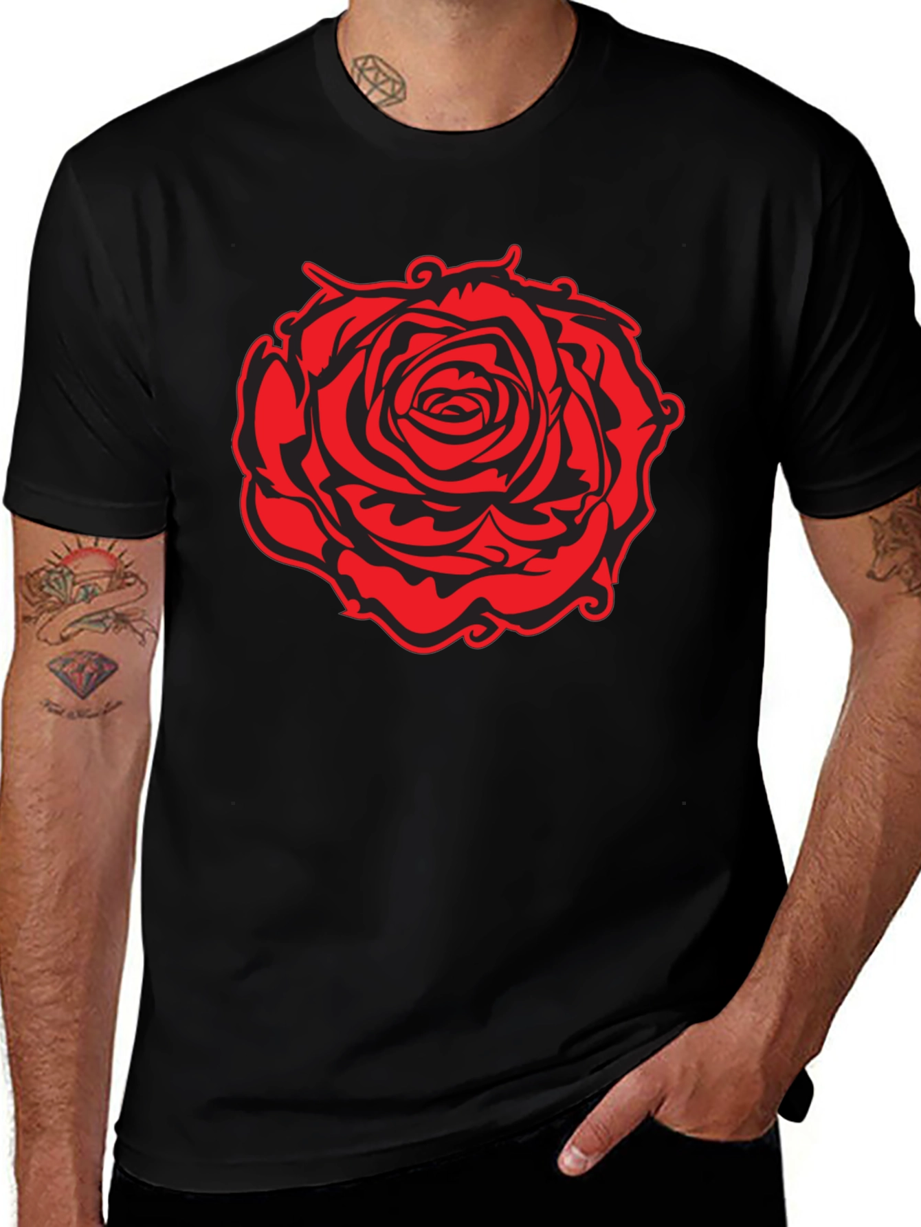 Black T-Shirt with Red Rose Graphic