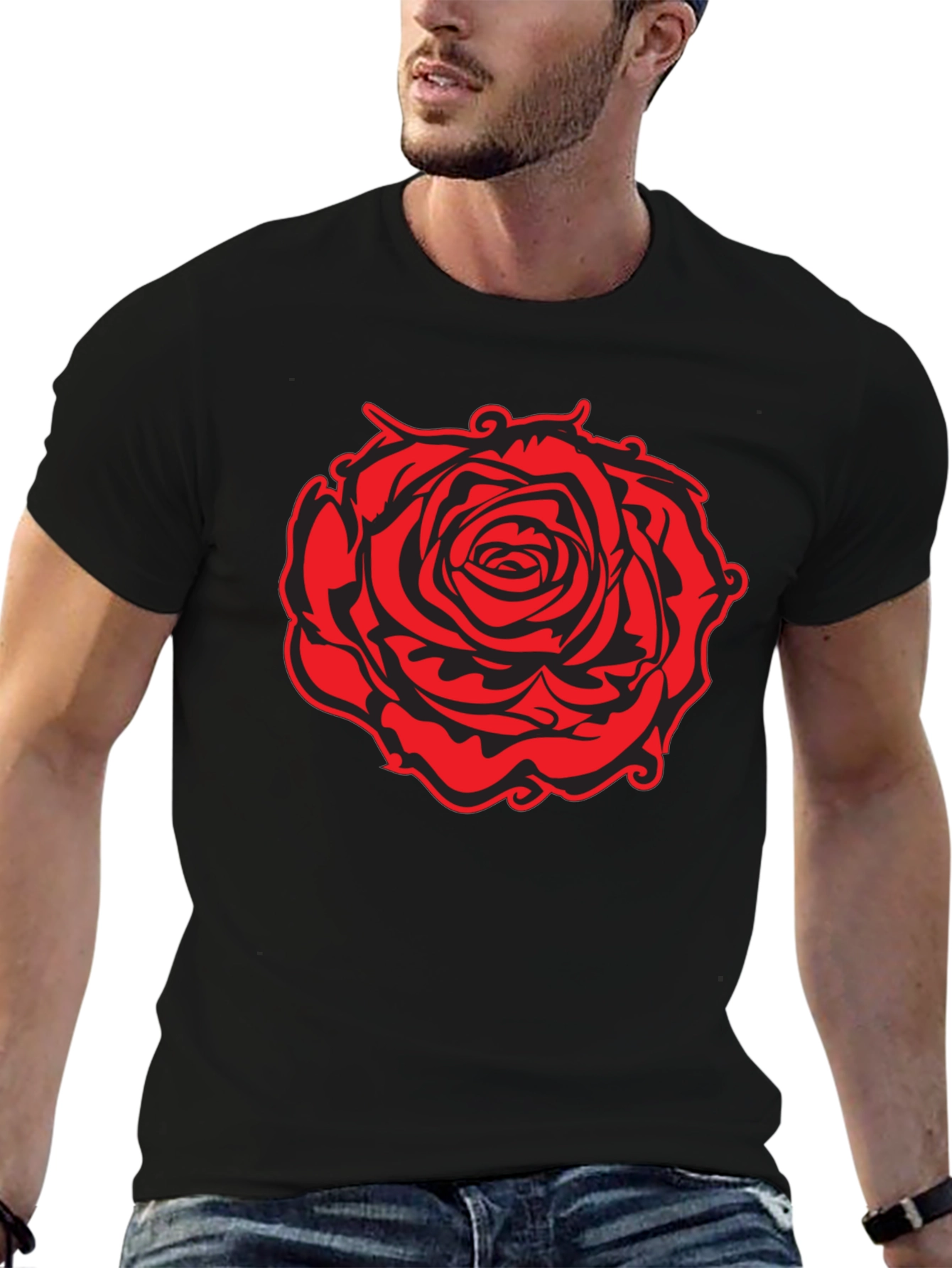 Black T-Shirt with Red Rose Graphic