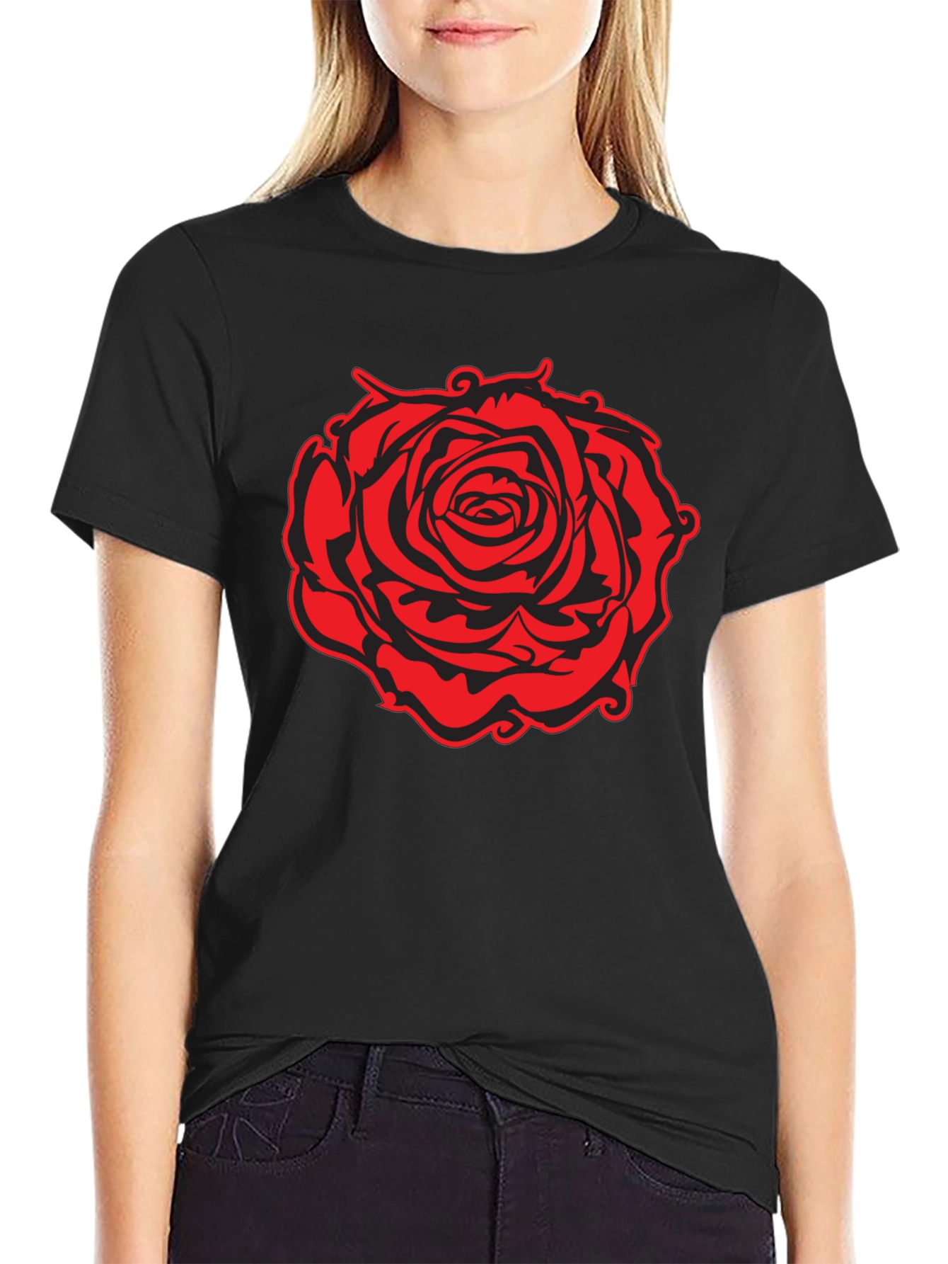Black T-Shirt with Red Rose Graphic