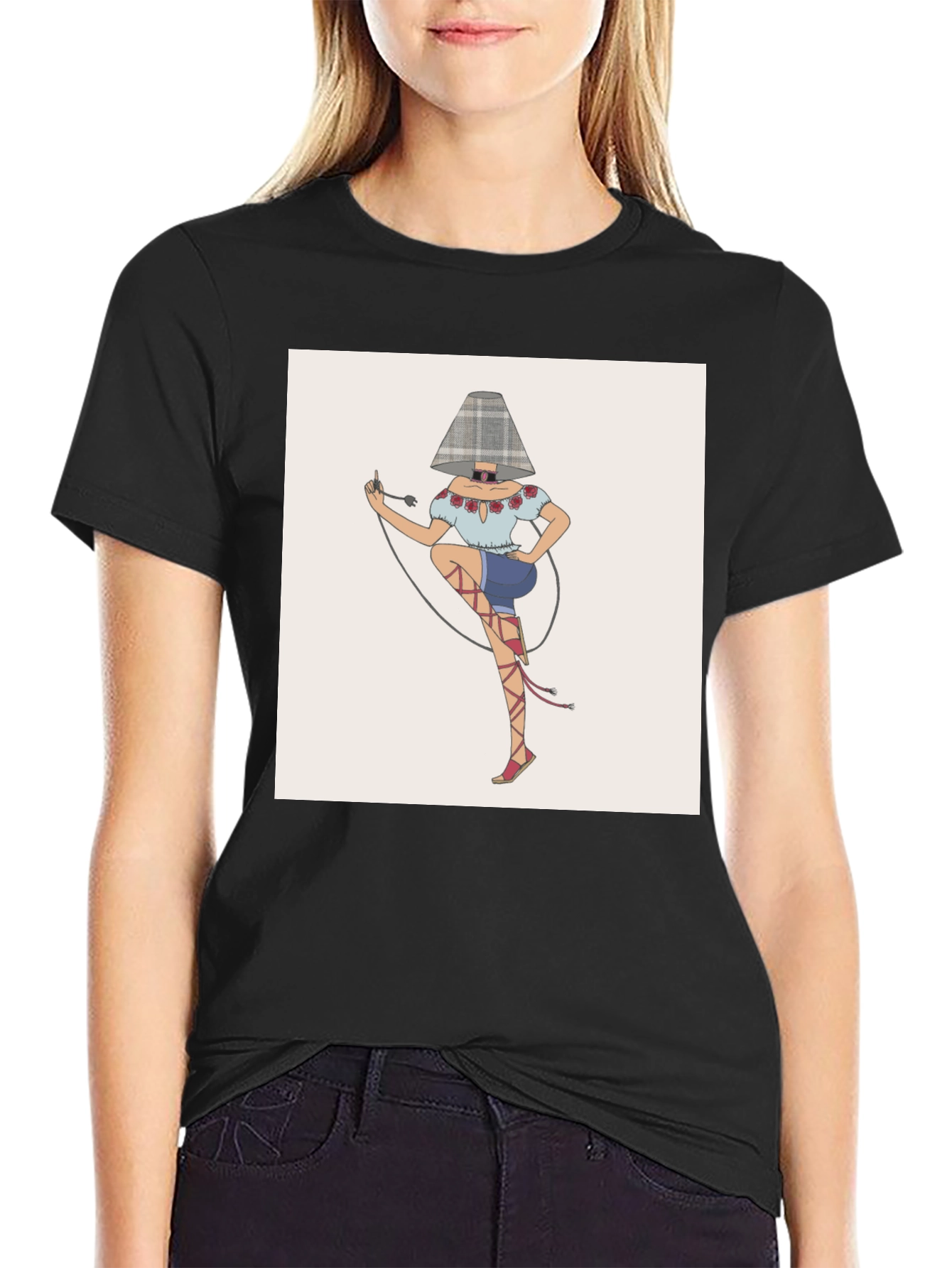 Novelty Lamp Woman Graphic Tee - Black