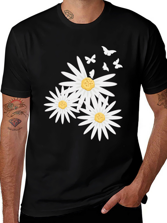 Daisy and Butterfly Print Black T-Shirt