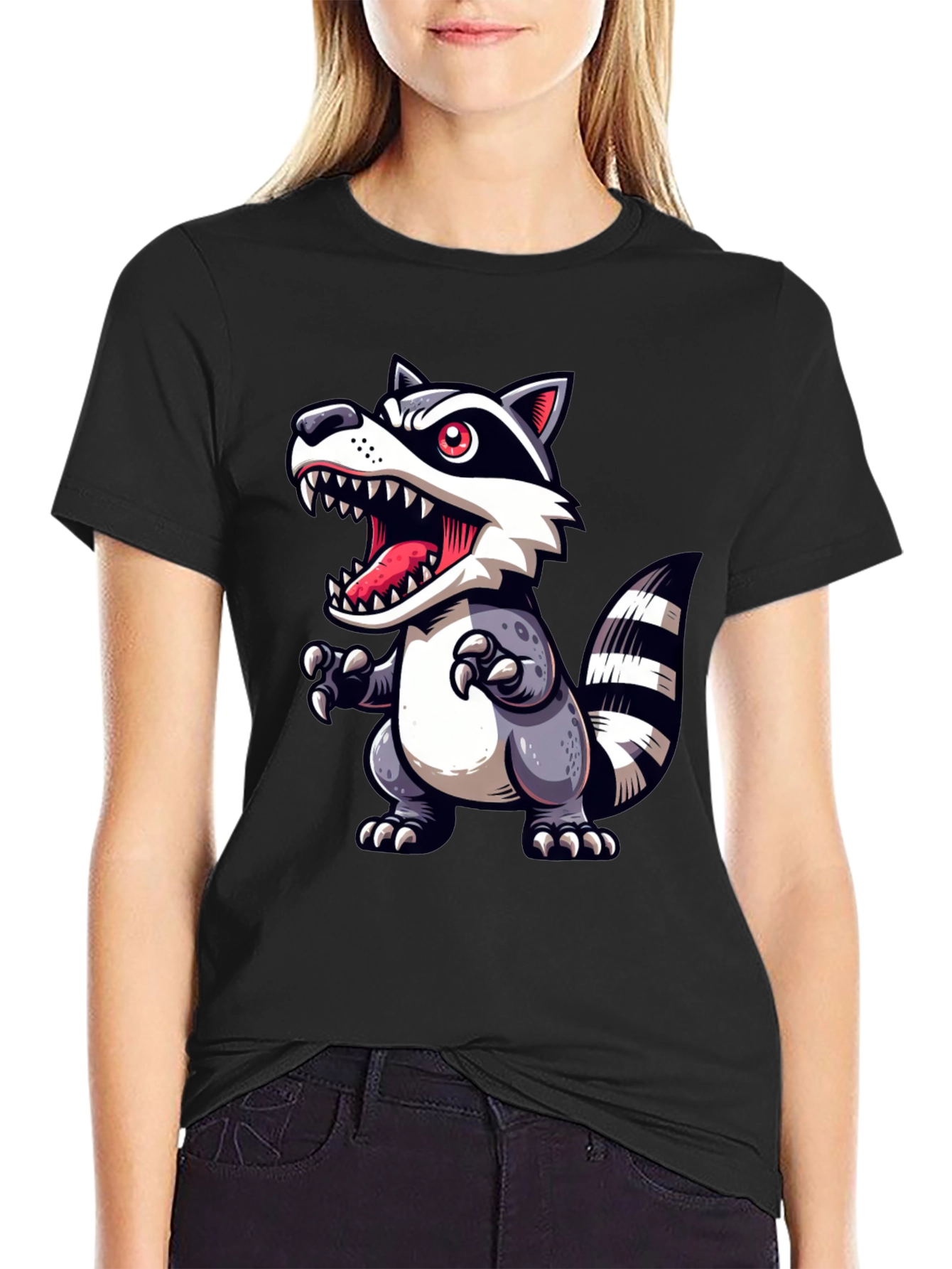 Cartoon Raccoon Graphic Tee - Black