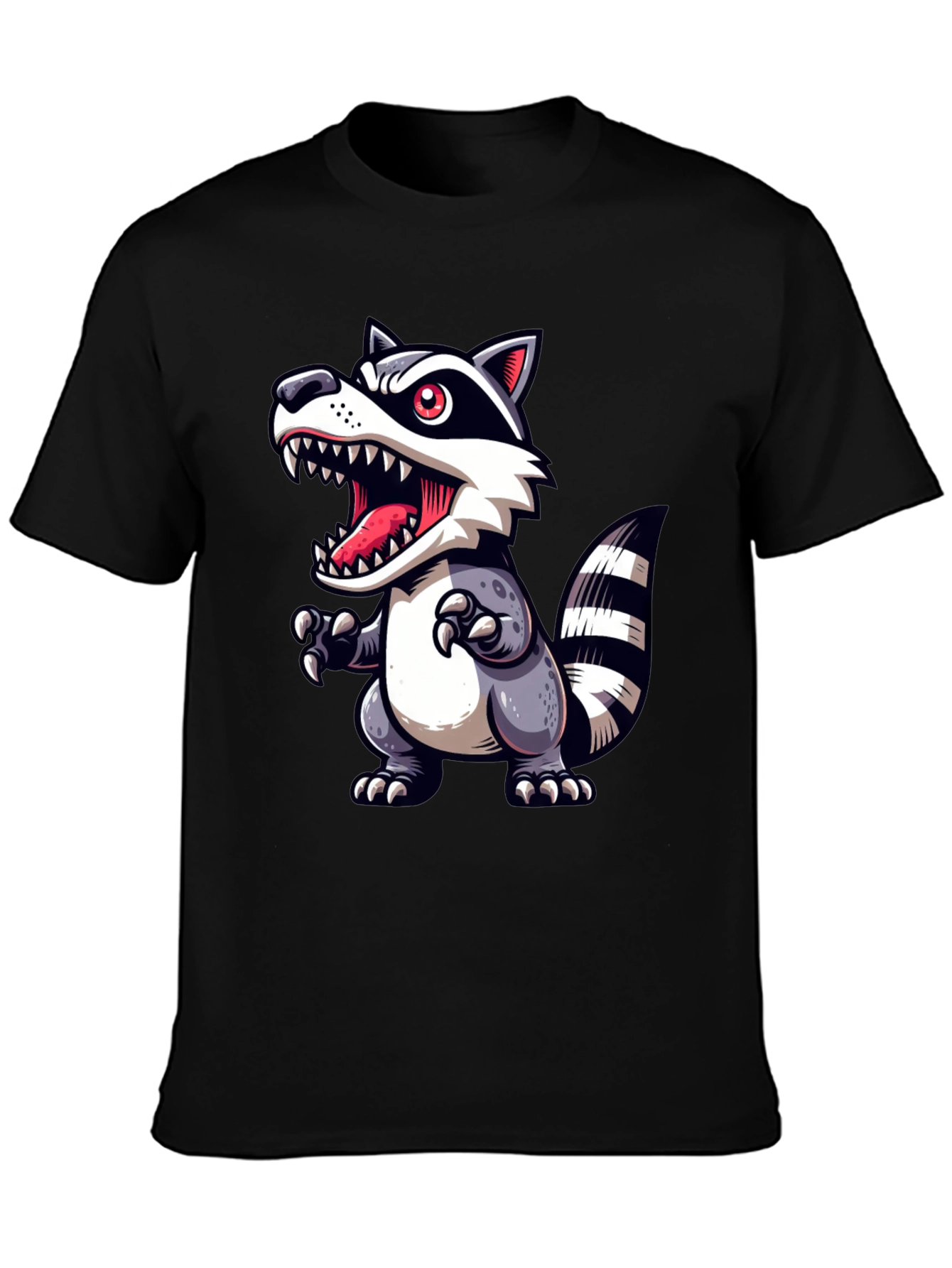 Cartoon Raccoon Graphic Tee - Black