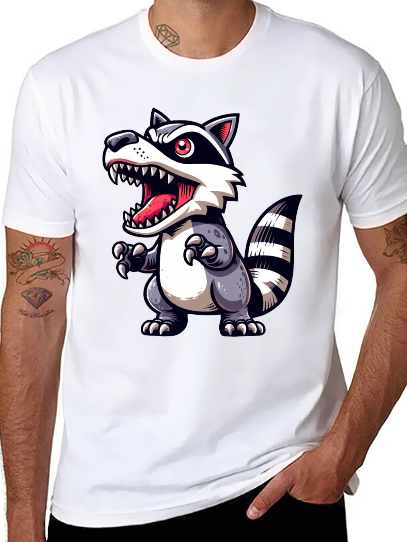 Cartoon Raccoon Graphic Tee - Black