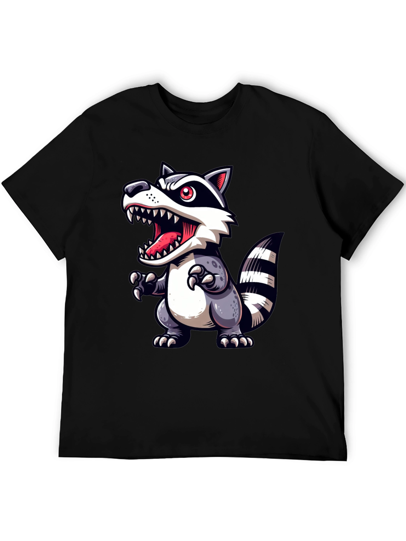 Cartoon Raccoon Graphic Tee - Black