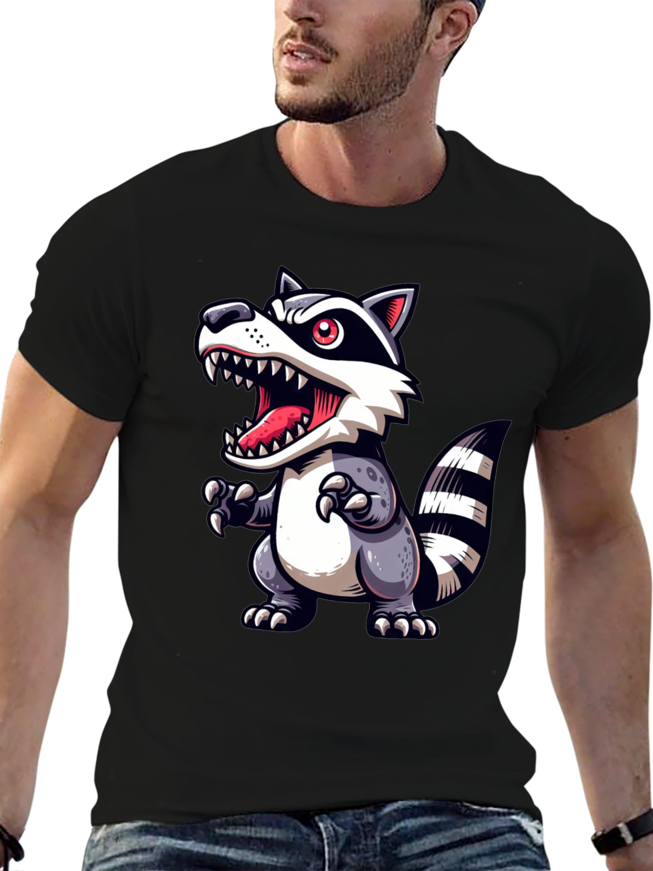 Cartoon Raccoon Graphic Tee - Black
