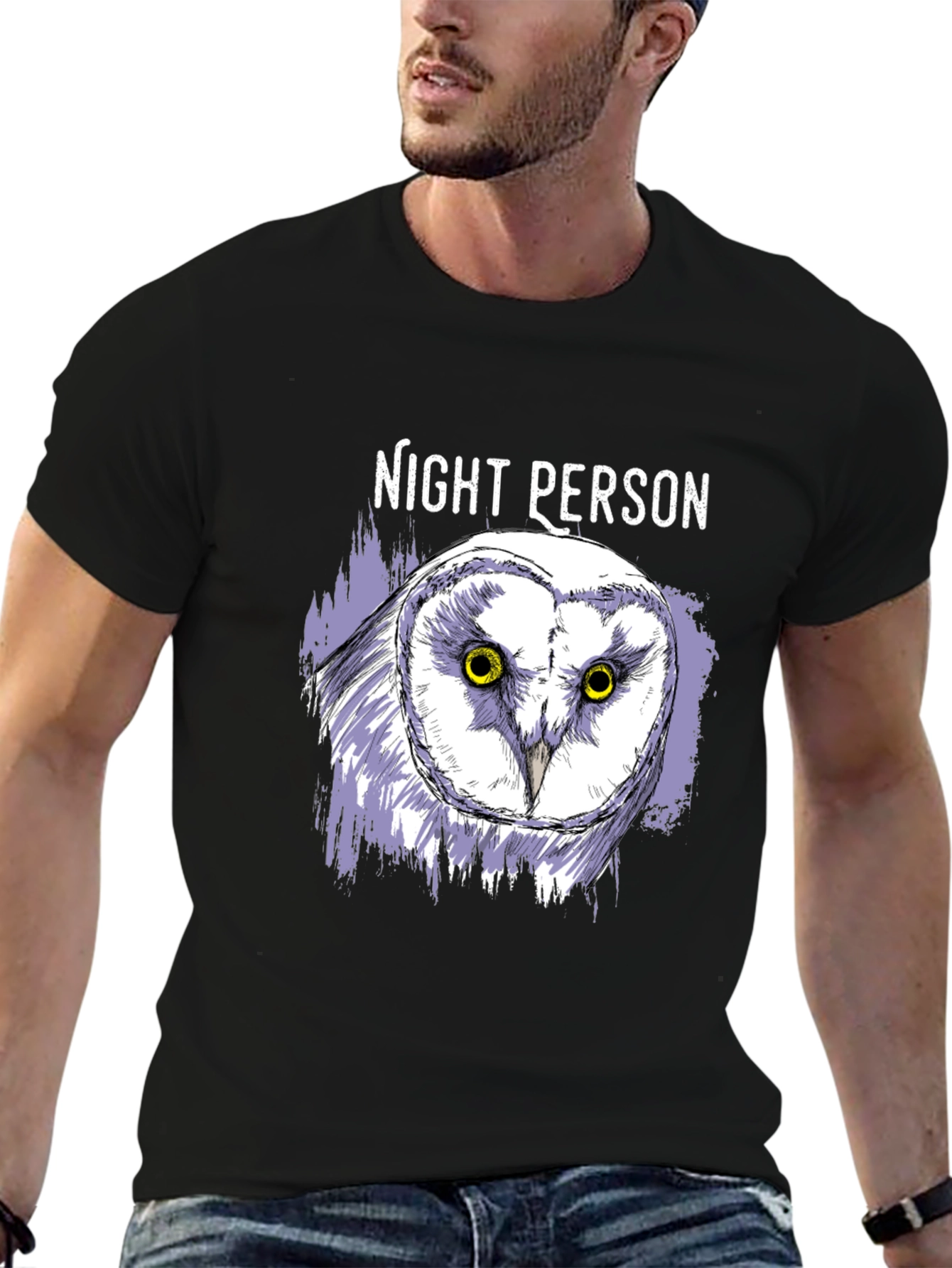 Night Person Owl Graphic T-Shirt - Black