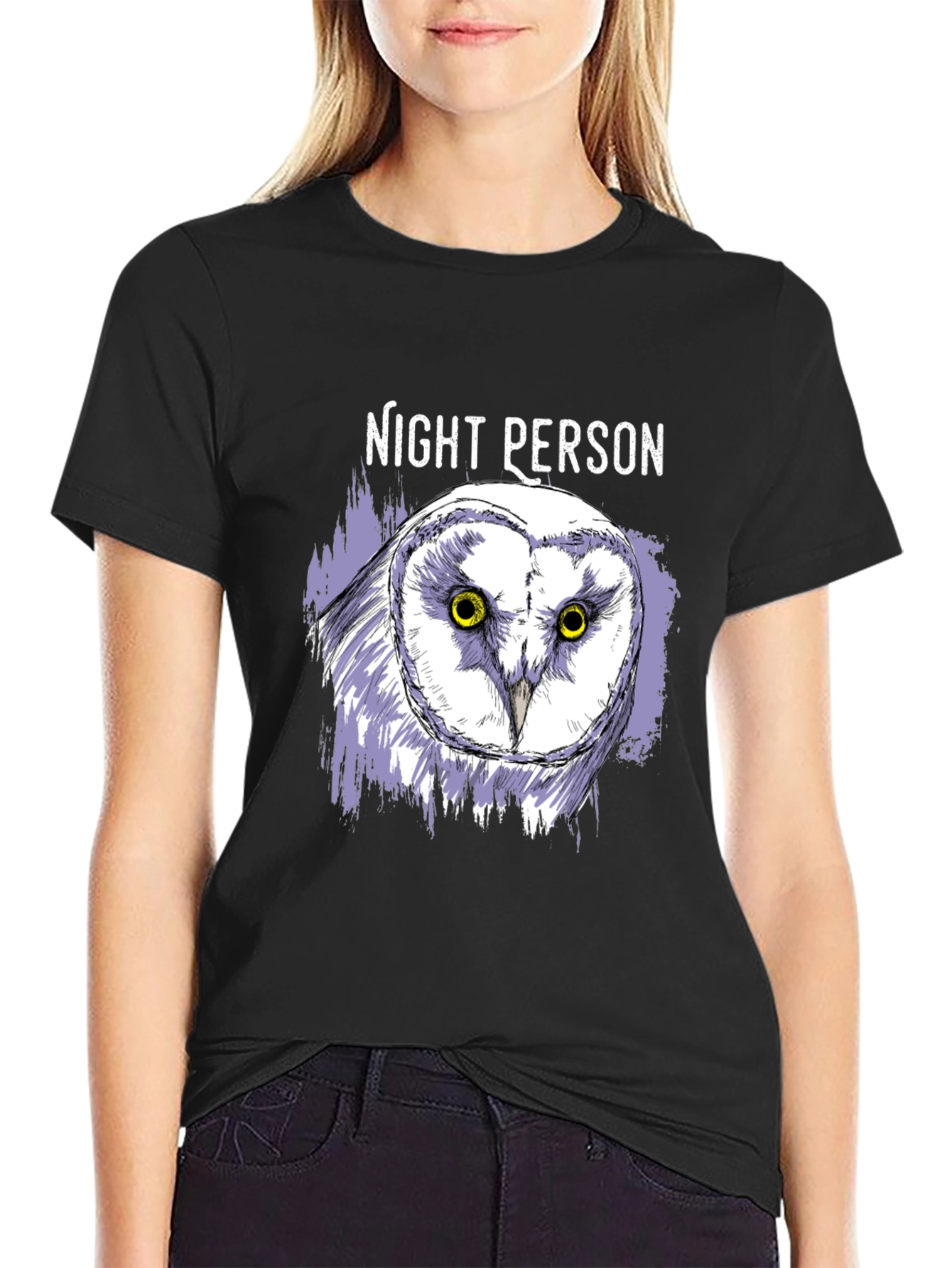 Night Person Owl Graphic T-Shirt - Black