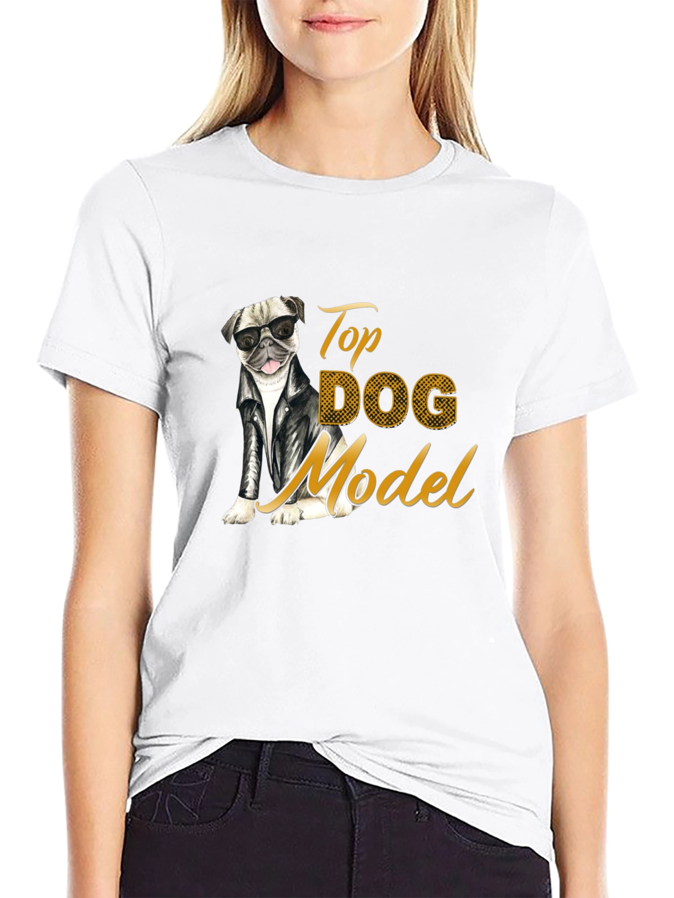 Top Dog Model T-Shirt - Stylish Pug in Leather