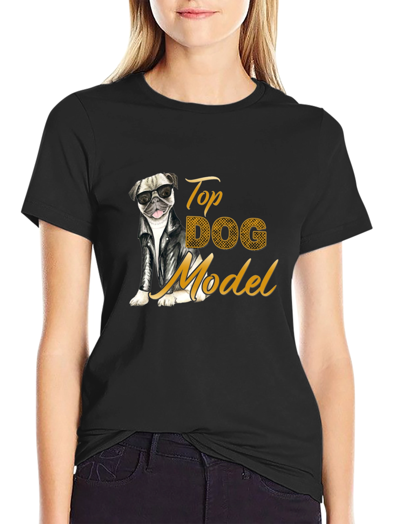 Top Dog Model T-Shirt - Stylish Pug in Leather