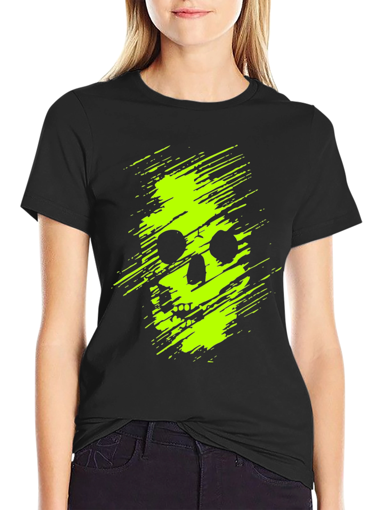Neon Skull Graphic Print Black T-Shirt