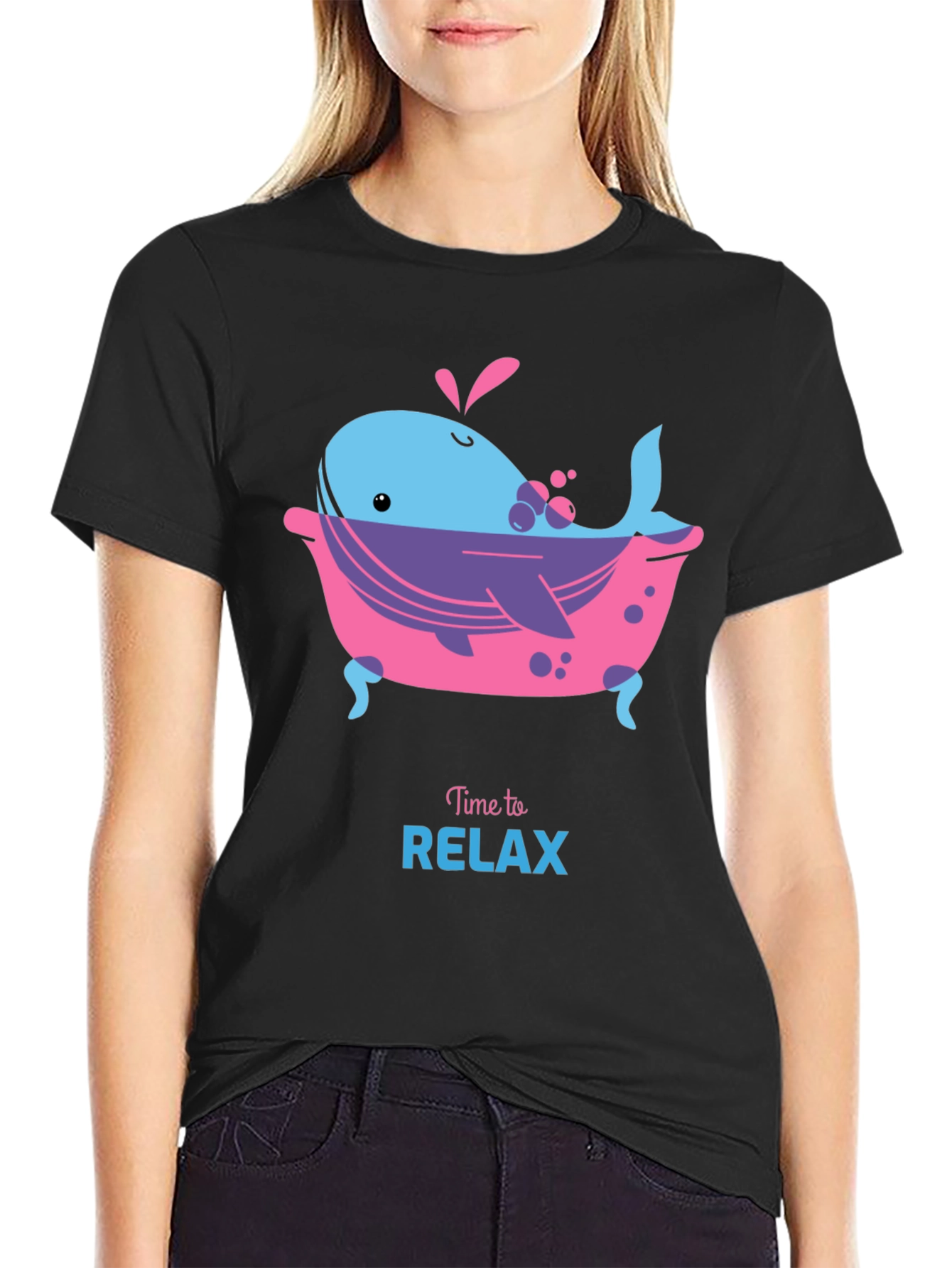 Time to Relax Whale in Tub Black T-Shirt