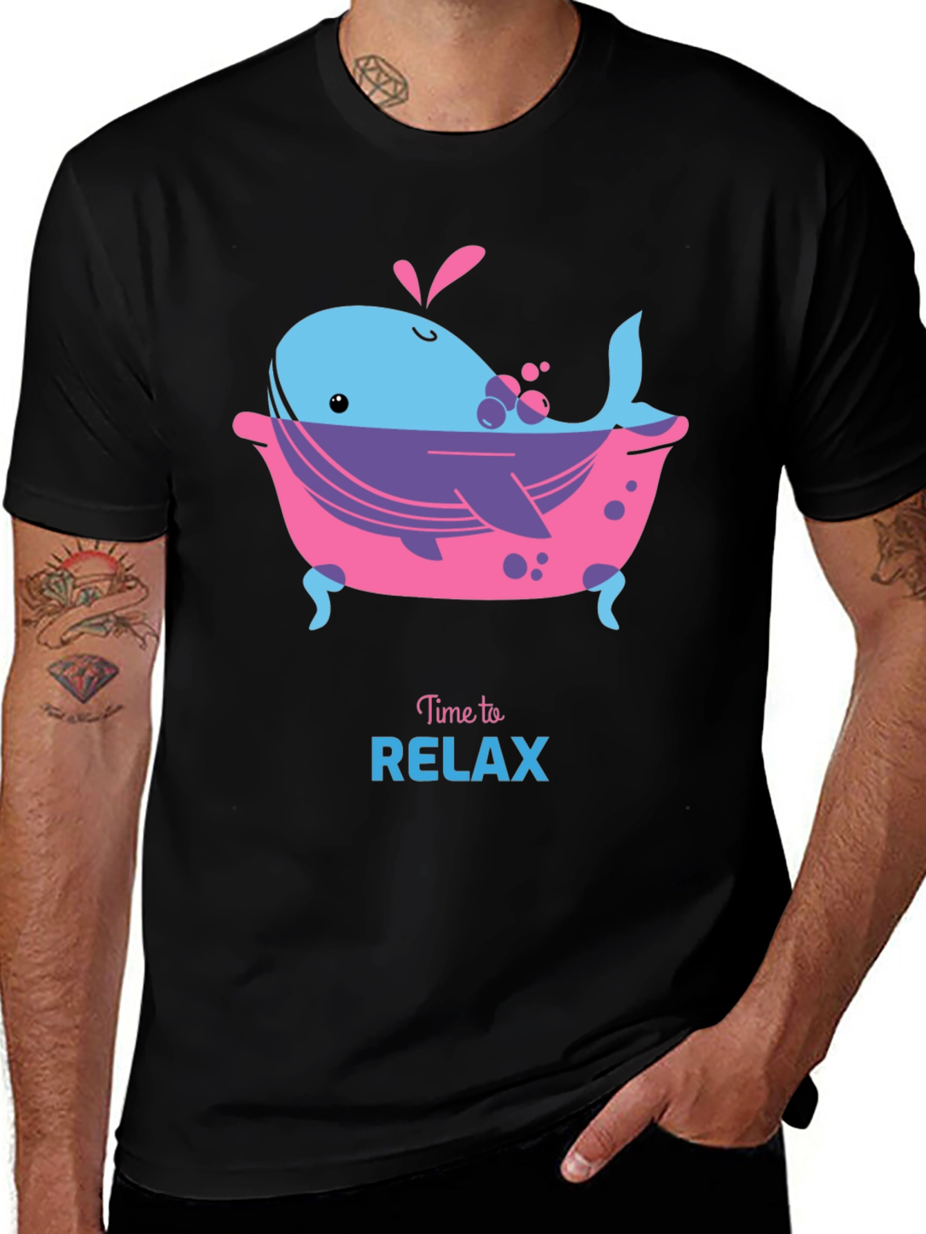 Time to Relax Whale in Tub Black T-Shirt