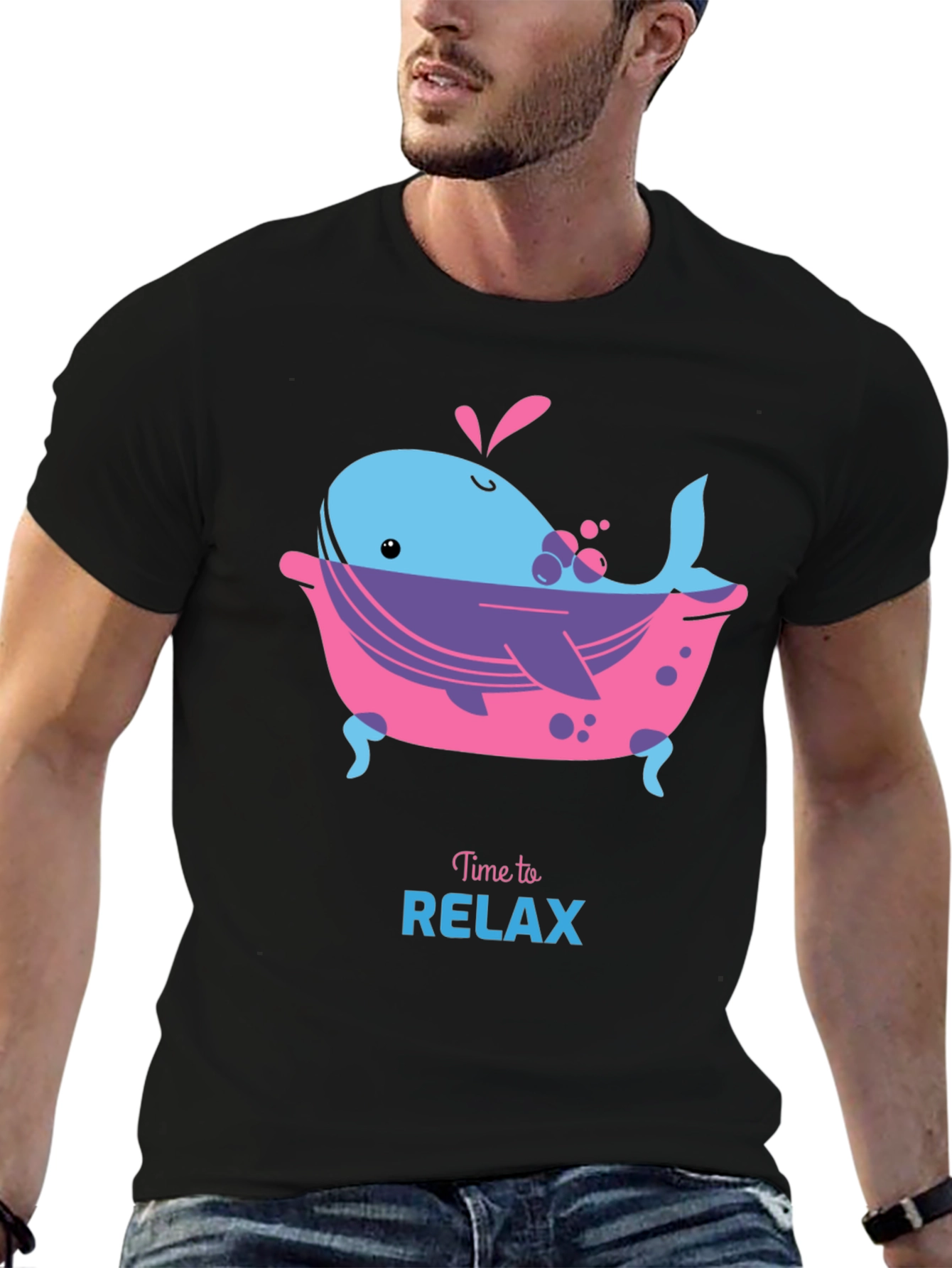 Time to Relax Whale in Tub Black T-Shirt