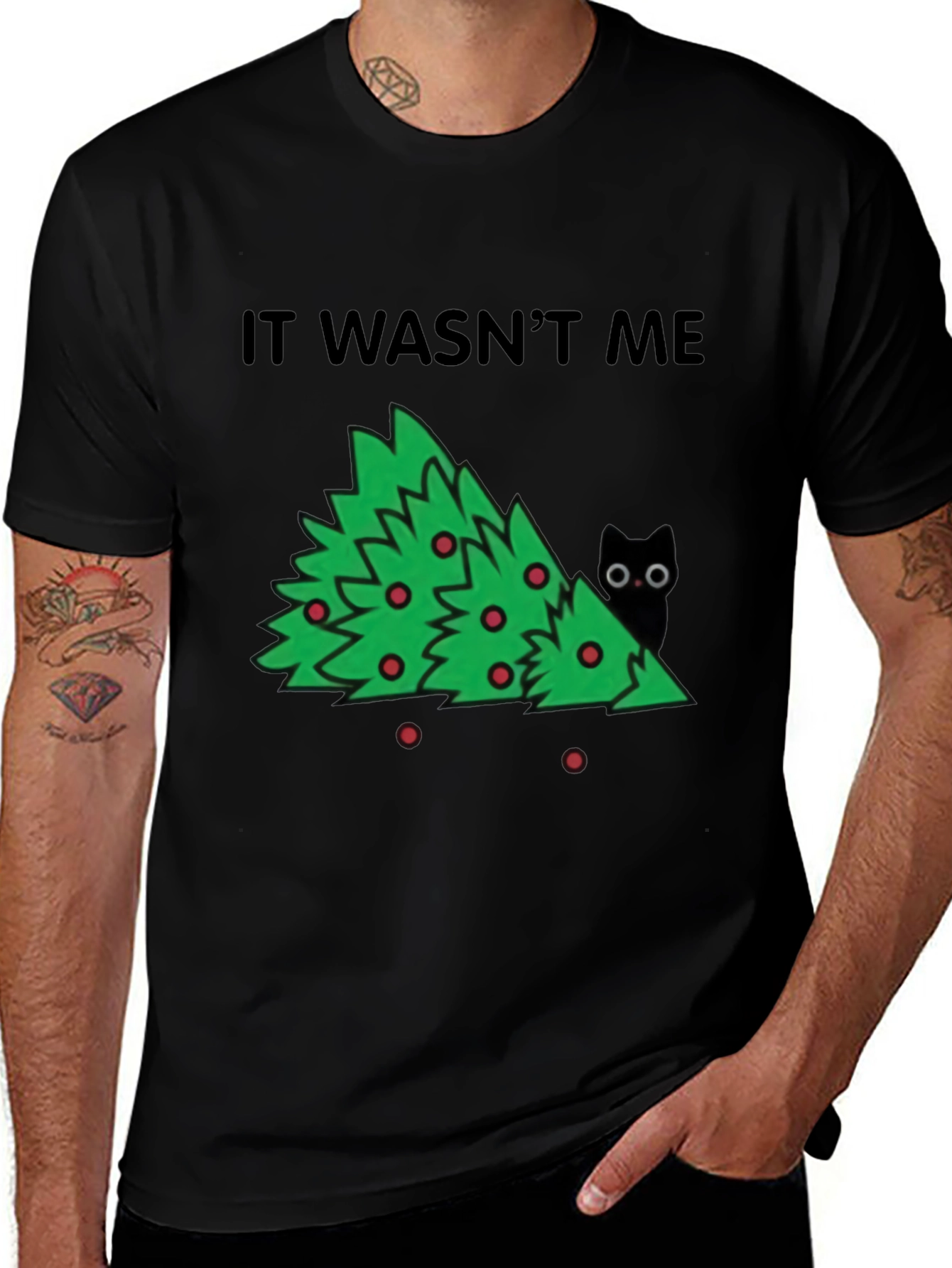 It Wasnt Me Christmas Tree Cat T-Shirt